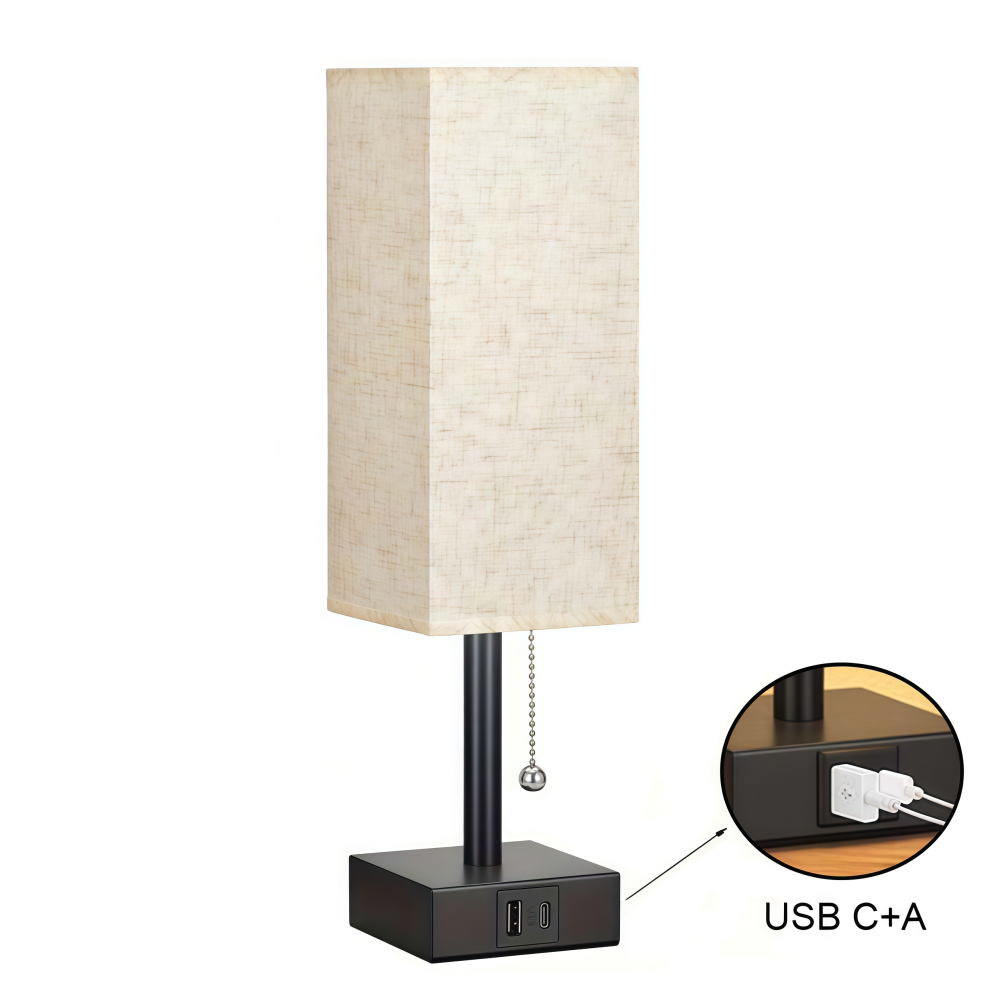 Eine moderne schwarze Lampe mit beigem rechteckigen Schirm. Sie hat USB-Anschlüsse. Eine Nahaufnahme zeigt USB C+A-Anschlüsse. Auf weißem Hintergrund.