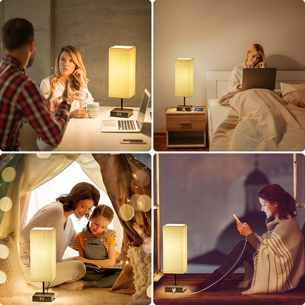 Vier Szenen: ein Paar am Schreibtisch, eine Frau im Bett, eine Mutter und ein Kind beim Lesen und eine Frau am Fenster, je mit Lampe.