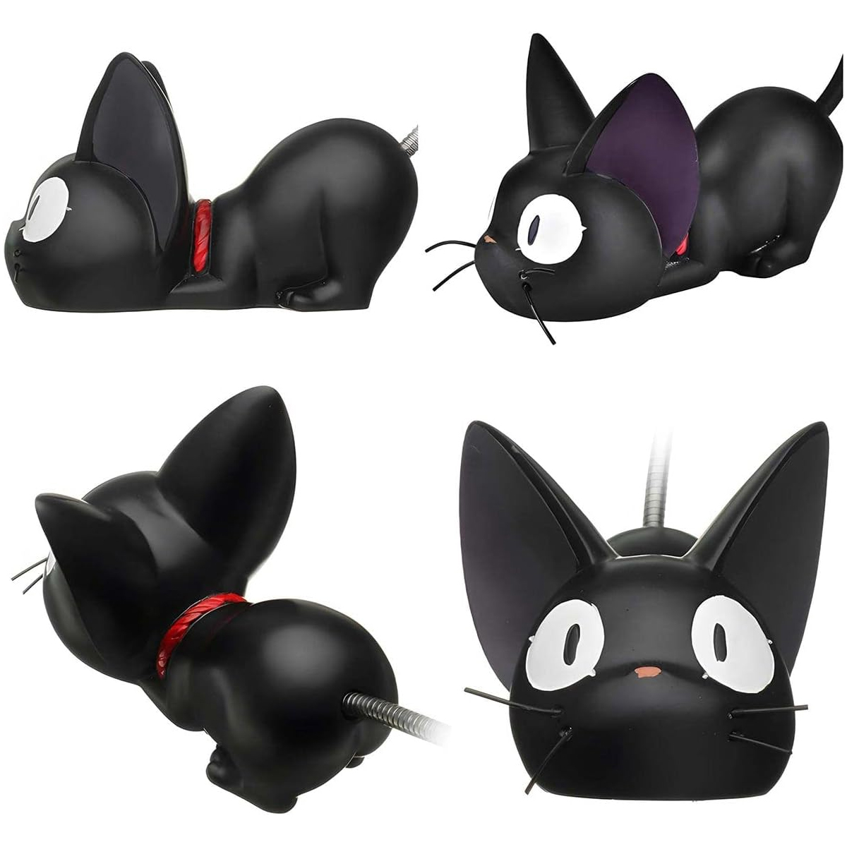 Vier Ansichten einer schwarzen Katzenfigur mit weißen Augen und rotem Halsband. Eine Ansicht hat einen flexiblen Metallschwanz.