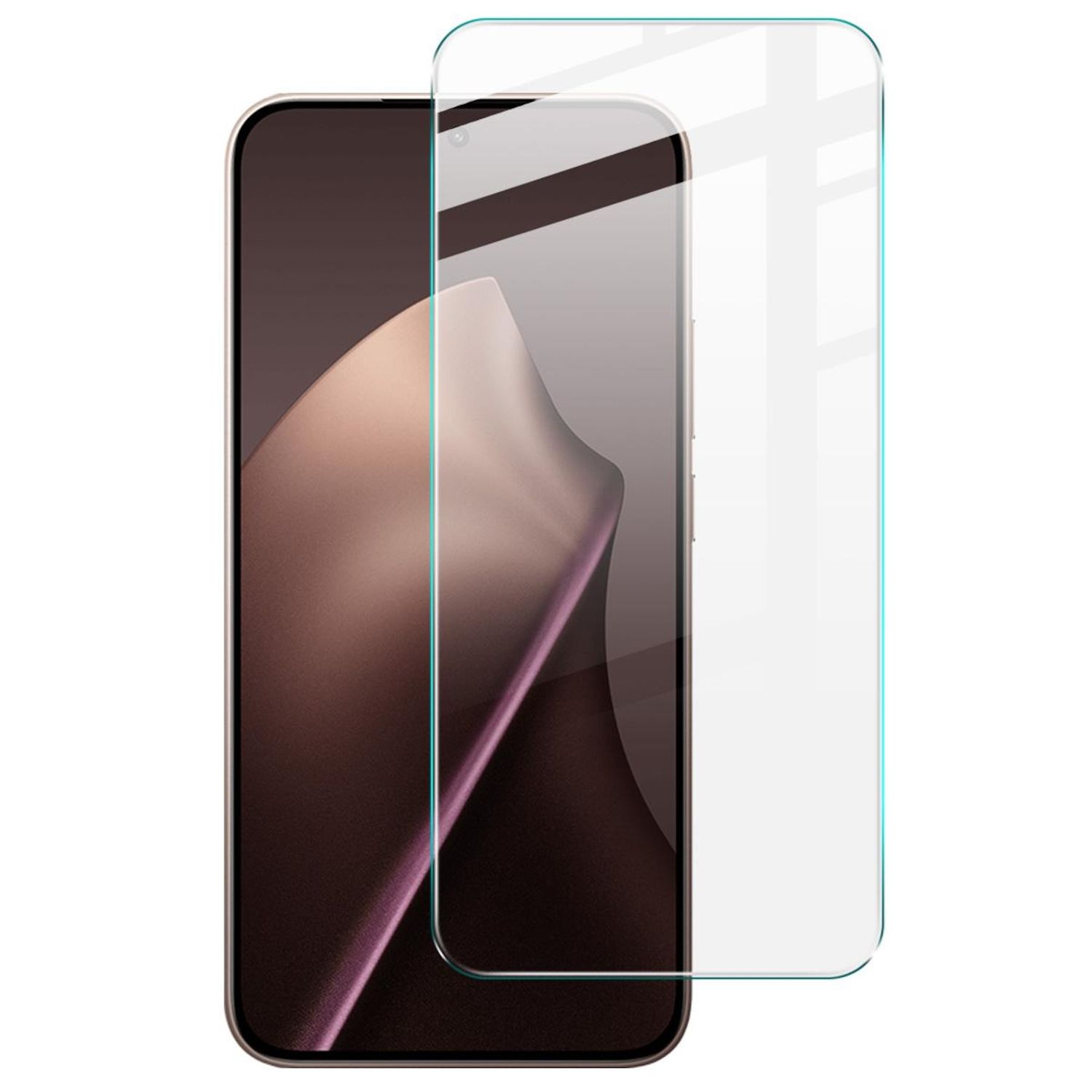 Ein Smartphone mit Displayschutzfolie. Das Telefon ist dunkel mit einem lila Farbverlauf, der Schutz ist transparent mit blauen Rändern.