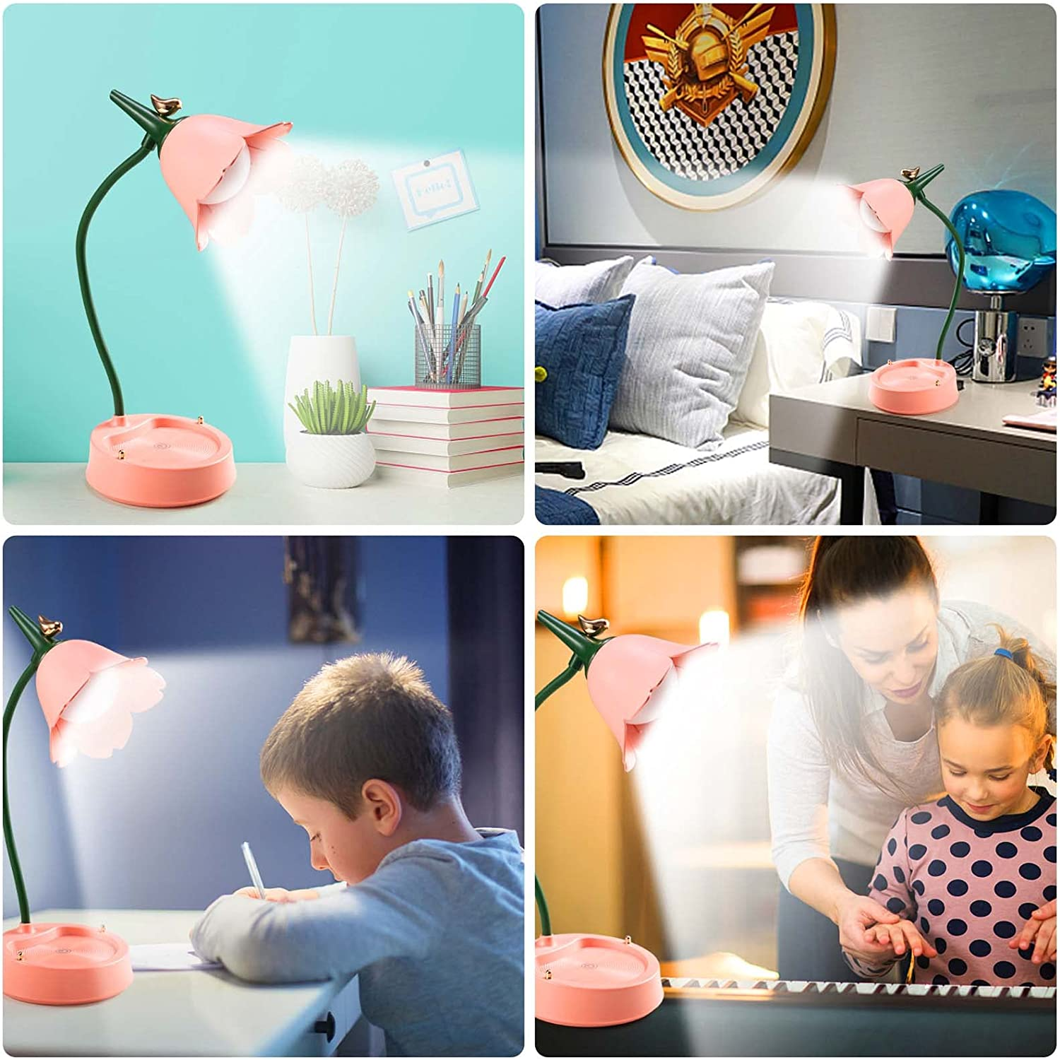 Vier Bilder zeigen eine rosa blütenförmige Lampe in verschiedenen Umgebungen: auf einem Schreibtisch, einem Nachttisch und wird von einem Kind und einer Frau benutzt.