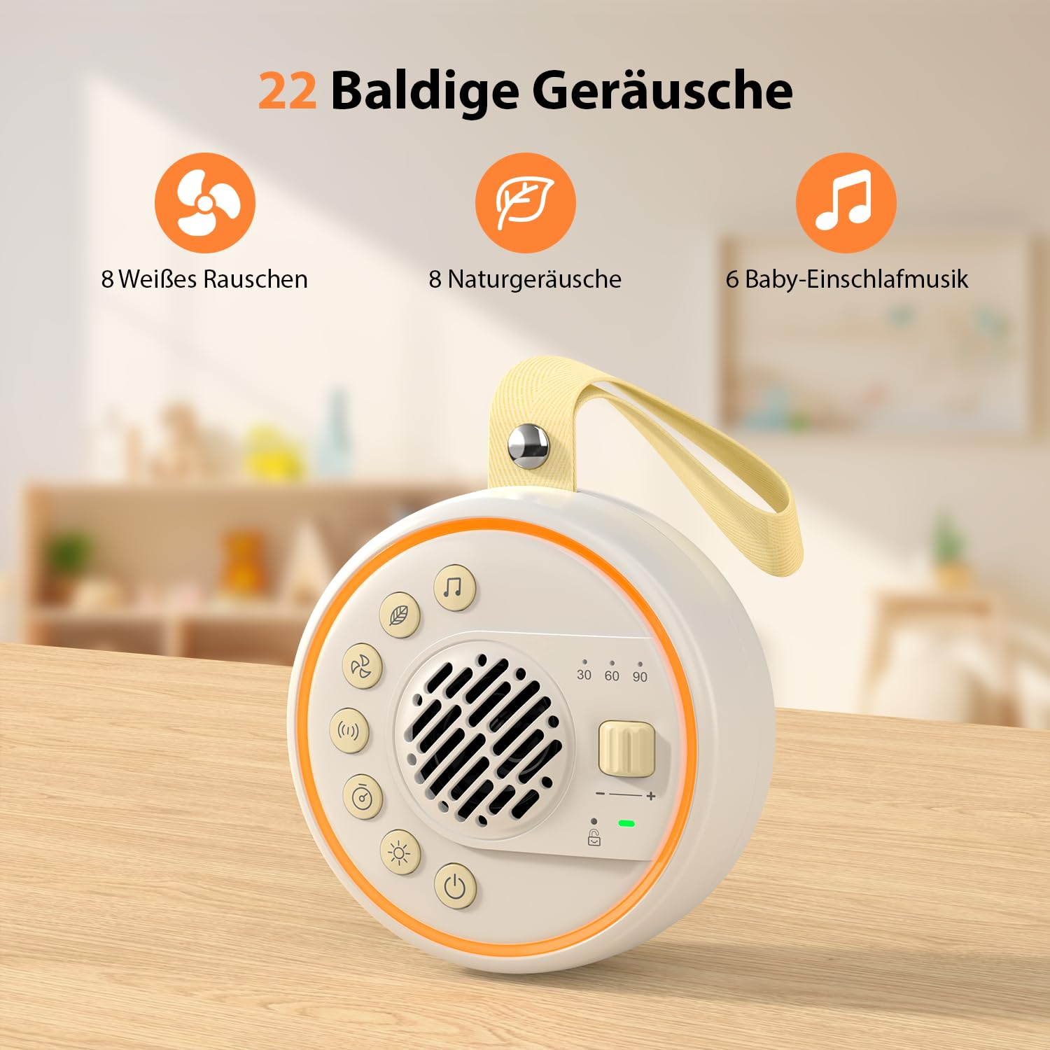 Eine weiße Geräuschmaschine mit orangen Akzenten auf einem Holztisch. Der Text lautet '22 Sounds', '8 Weißes Rauschen' und '6 Baby-Schlafmusik'.