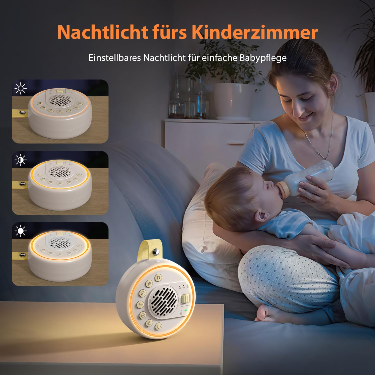 Eine Frau füttert ein Baby mit einer Flasche im Schlafzimmer. Ein Nachtlicht steht auf dem Tisch. Das Bild zeigt das Gerät und seine Funktionen.