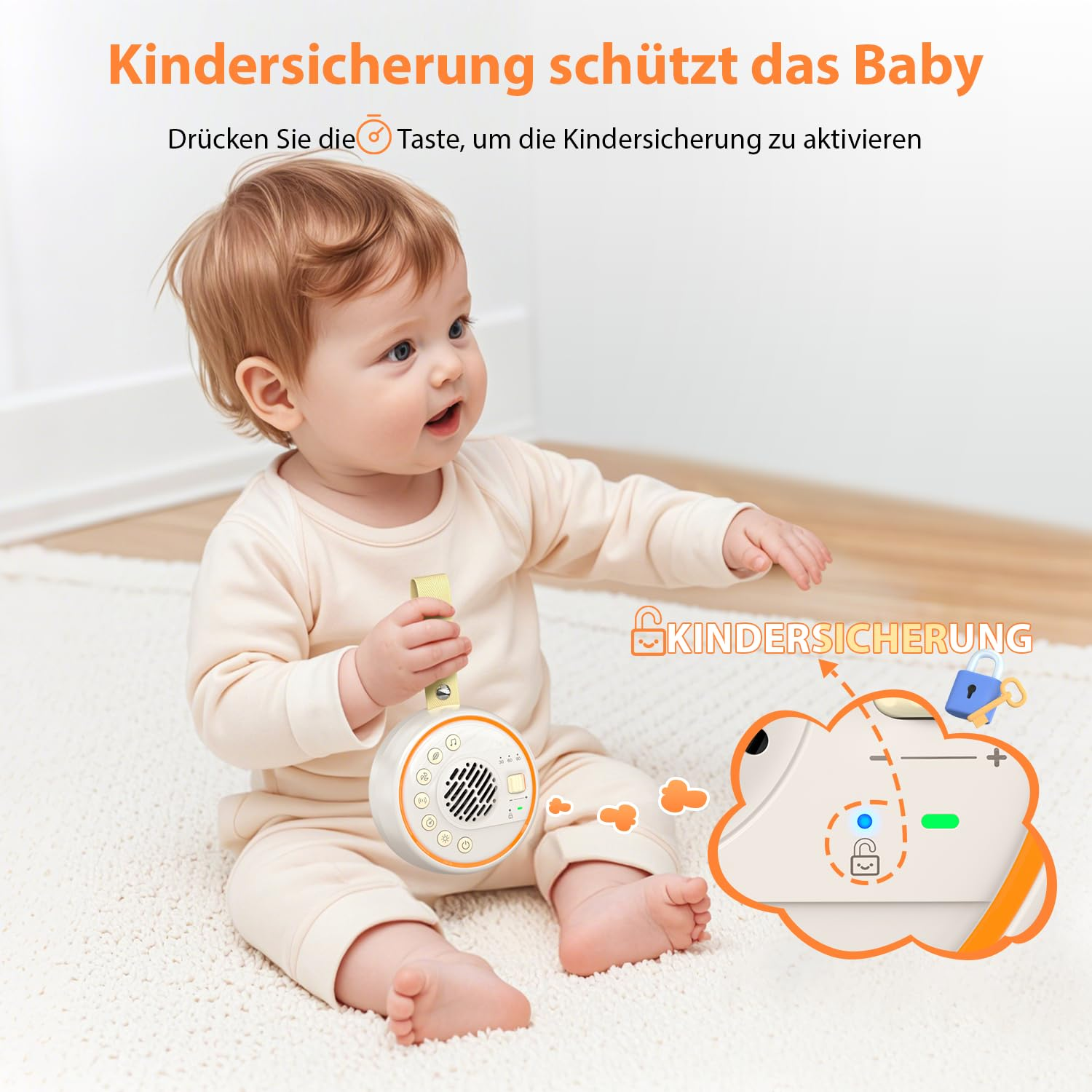 Ein Baby sitzt auf einem weißen Teppich und hält ein weiß-oranges Gerät. Der Text oben lautet 'Kindersicherung schützt das Baby'.