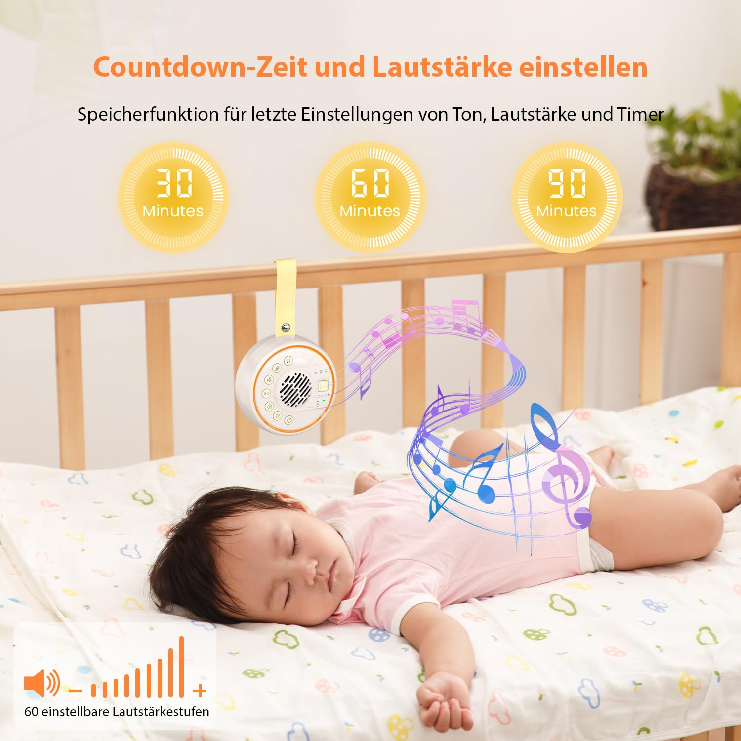 Ein Baby schläft auf einem Bett. Eine Soundmaschine hängt darüber. Grafiken zeigen Einstellungen für Minuten. Noten schweben über dem Baby.