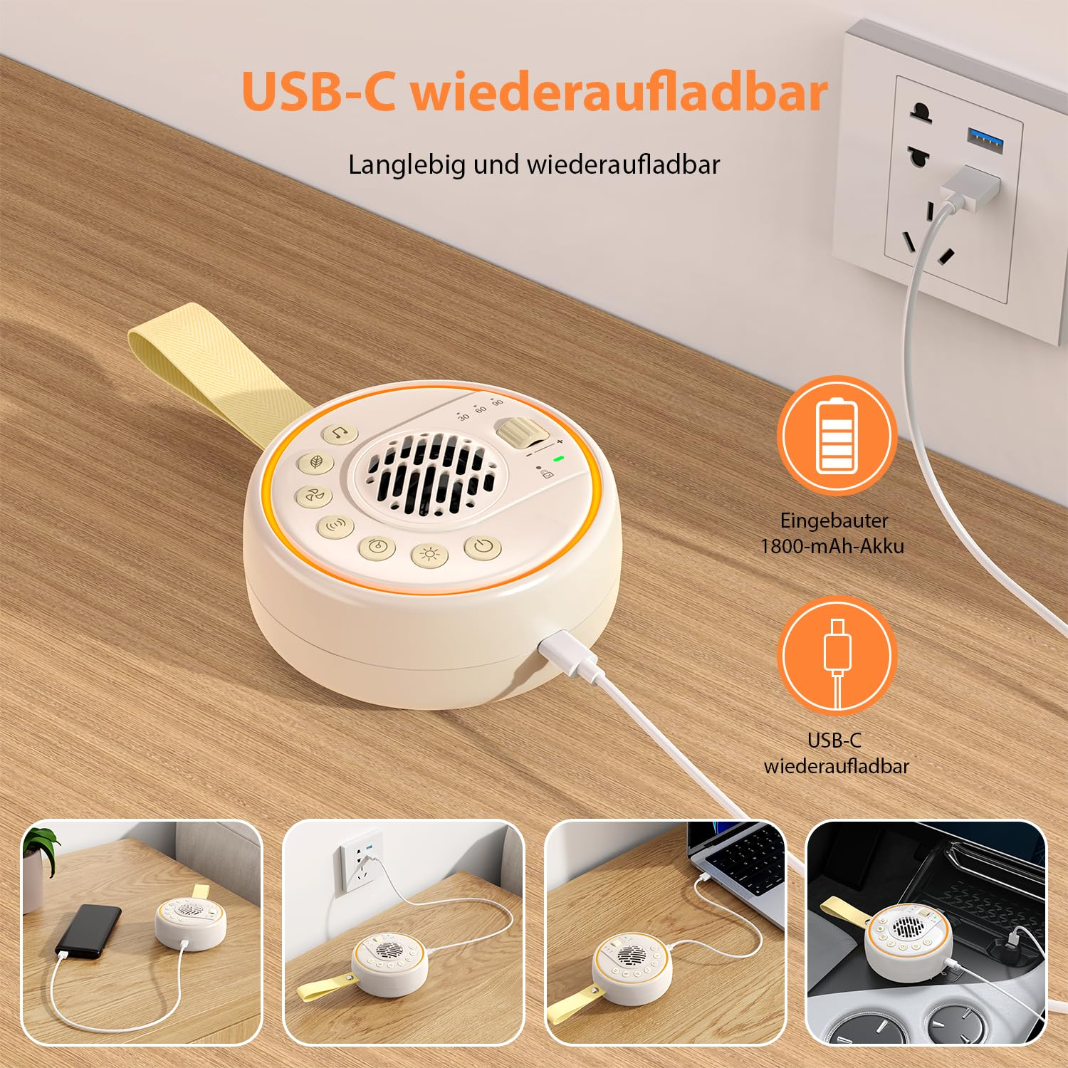 Ein weißes, kreisförmiges Gerät mit Knöpfen, das über ein USB-C-Kabel an eine Steckdose angeschlossen ist. Text: 'USB-C wiederaufladbar'.
