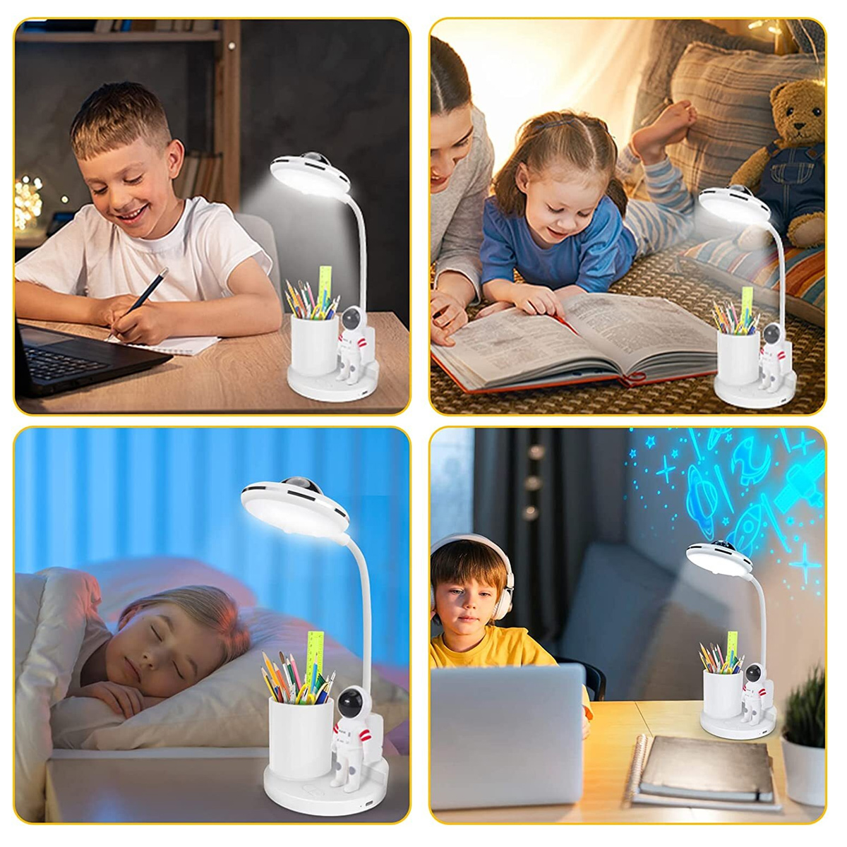 Vier Bilder zeigen eine Schreibtischlampe mit Astronaut, Bleistiften und Kindern, die sie benutzen. Kinder lernen, lesen und schlafen mit der Lampe.