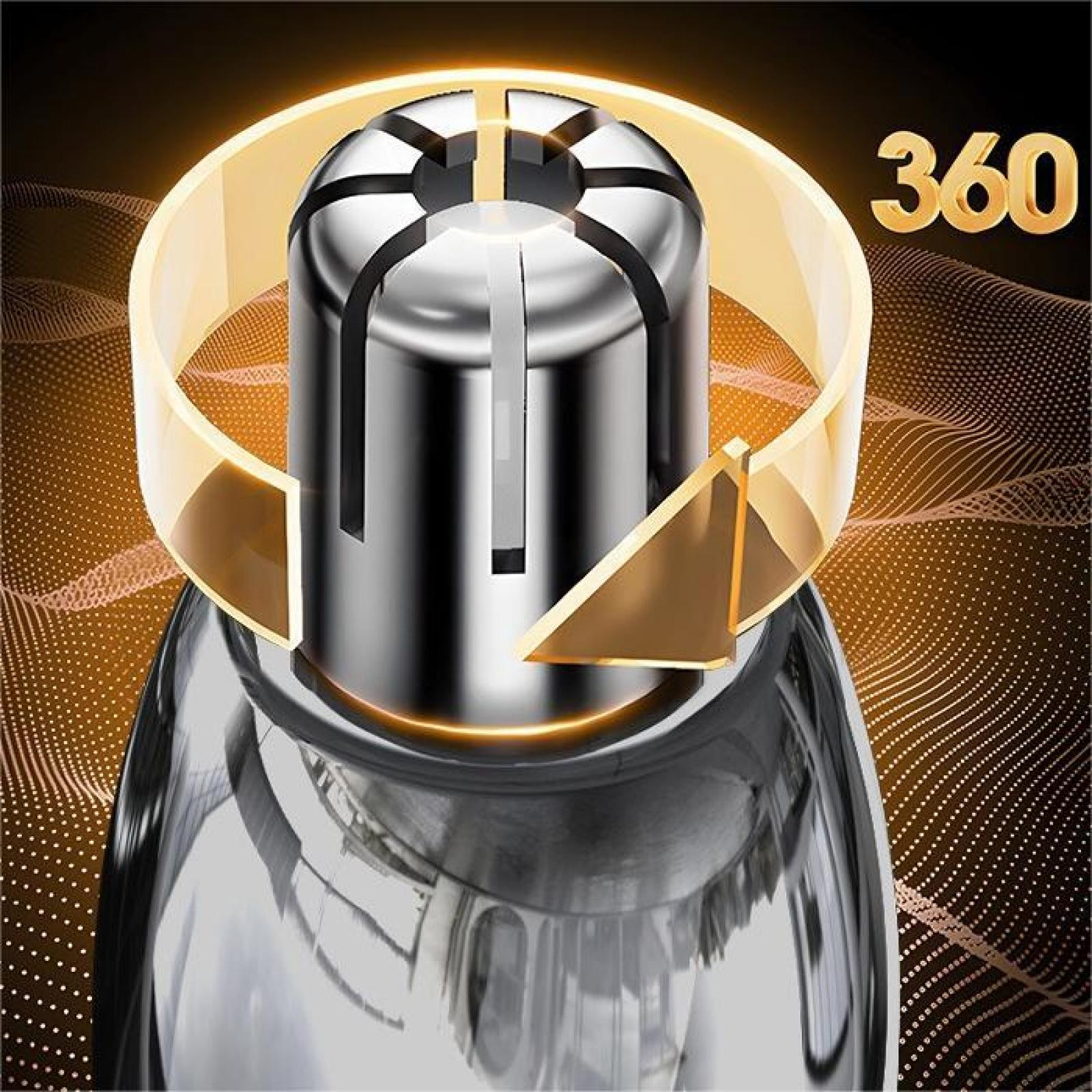 Nahaufnahme eines silbernen Nasenhaartrimmers mit einem goldenen, sich um 360 Grad drehenden Element. Der Hintergrund ist braun.