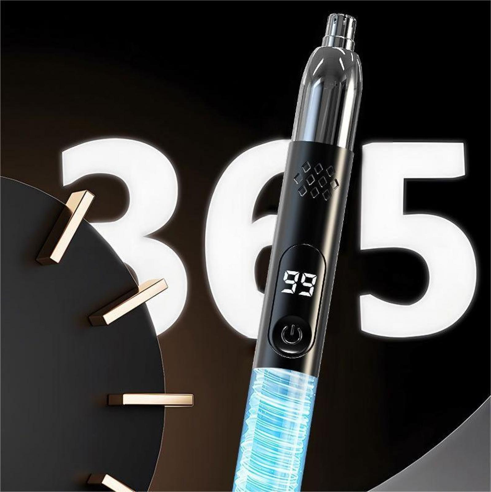 Ein schwarzes stiftähnliches Gerät mit digitaler Anzeige von 99, vor einem schwarz-weißen 365-Hintergrund.