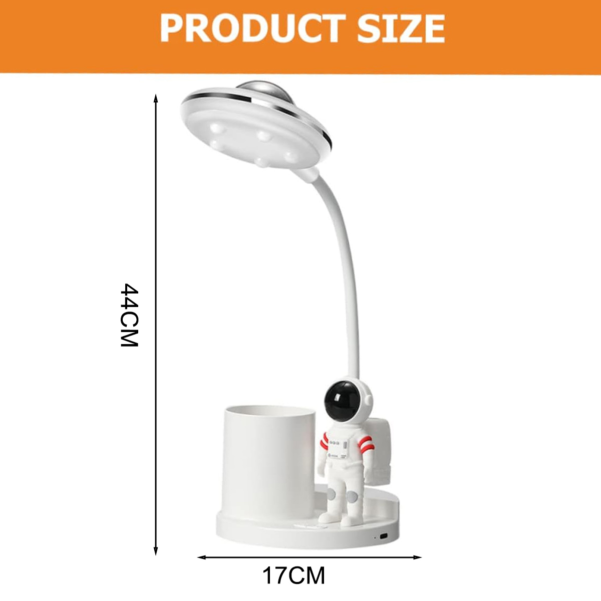 Weiße Schreibtischlampe mit Astronautenfigur, 44 cm hoch, 17 cm breit. Orangefarbenes Banner mit der Aufschrift 'PRODUCT SIZE'.