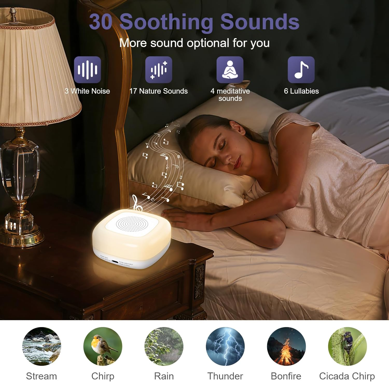 Eine Frau schläft im Bett neben einem Nachttisch mit einem Soundgerät und einer Lampe. Symbole zeigen Tonoptionen.