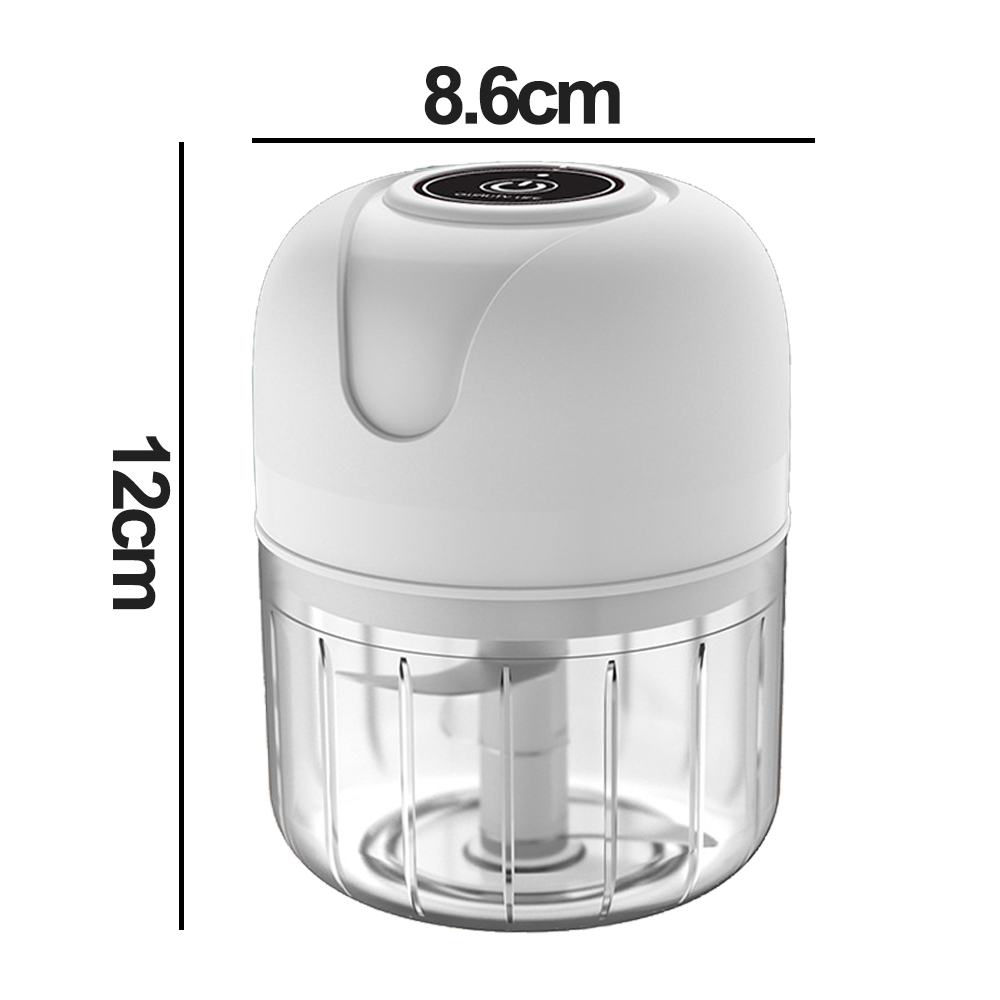 Ein weißer und transparenter Food Processor. Er ist 8,6 cm breit und 12 cm hoch. Der obere Teil ist weiß, der untere Teil ist transparent.