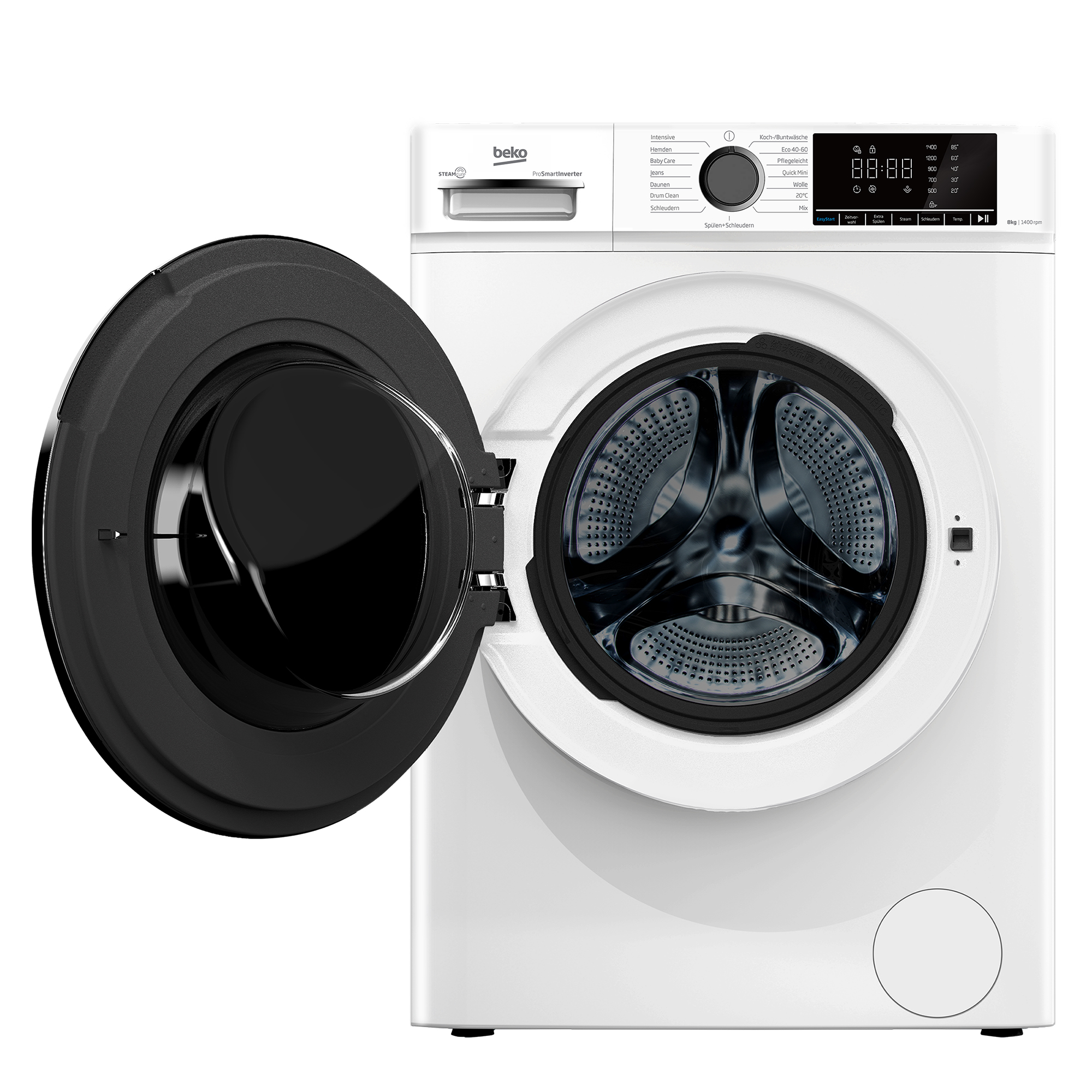Eine weiße Beko-Waschmaschine mit geöffneter Tür und Trommel. Bedienfeld oben.