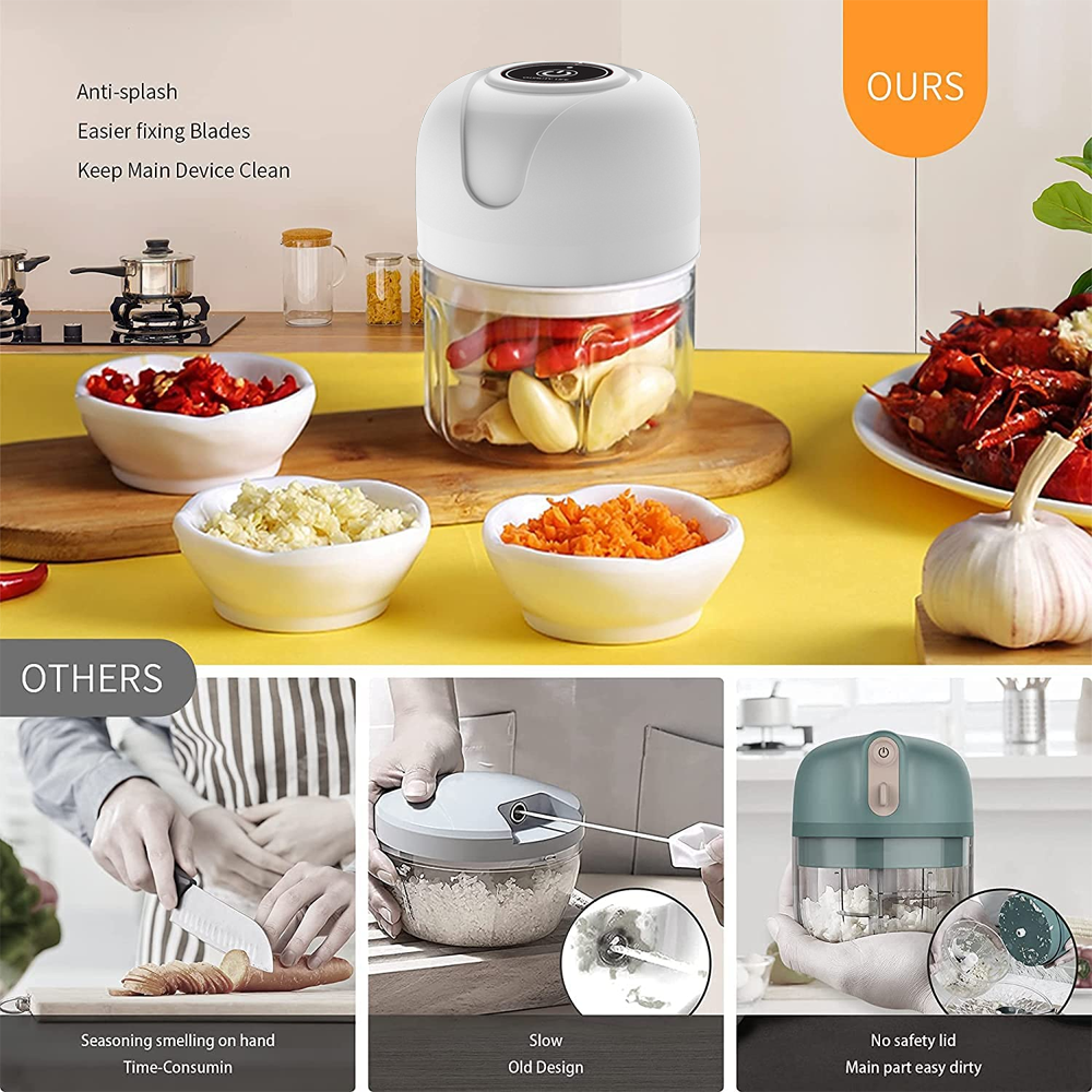 Ein weißer und klarer Foodprocessor mit Knoblauch, Paprika und Schalen mit gehackten Zutaten. Das Bild zeigt auch andere Arten von Küchenmaschinen.