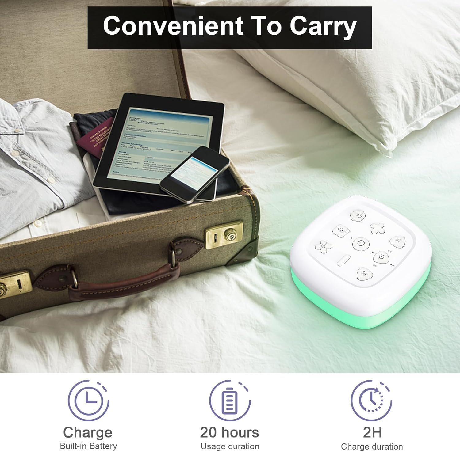 Ein Koffer mit Tablet und Telefon, ein weißes Gerät mit Knöpfen und Symbolen für Lade- und Nutzungszeit auf einem Bett.
