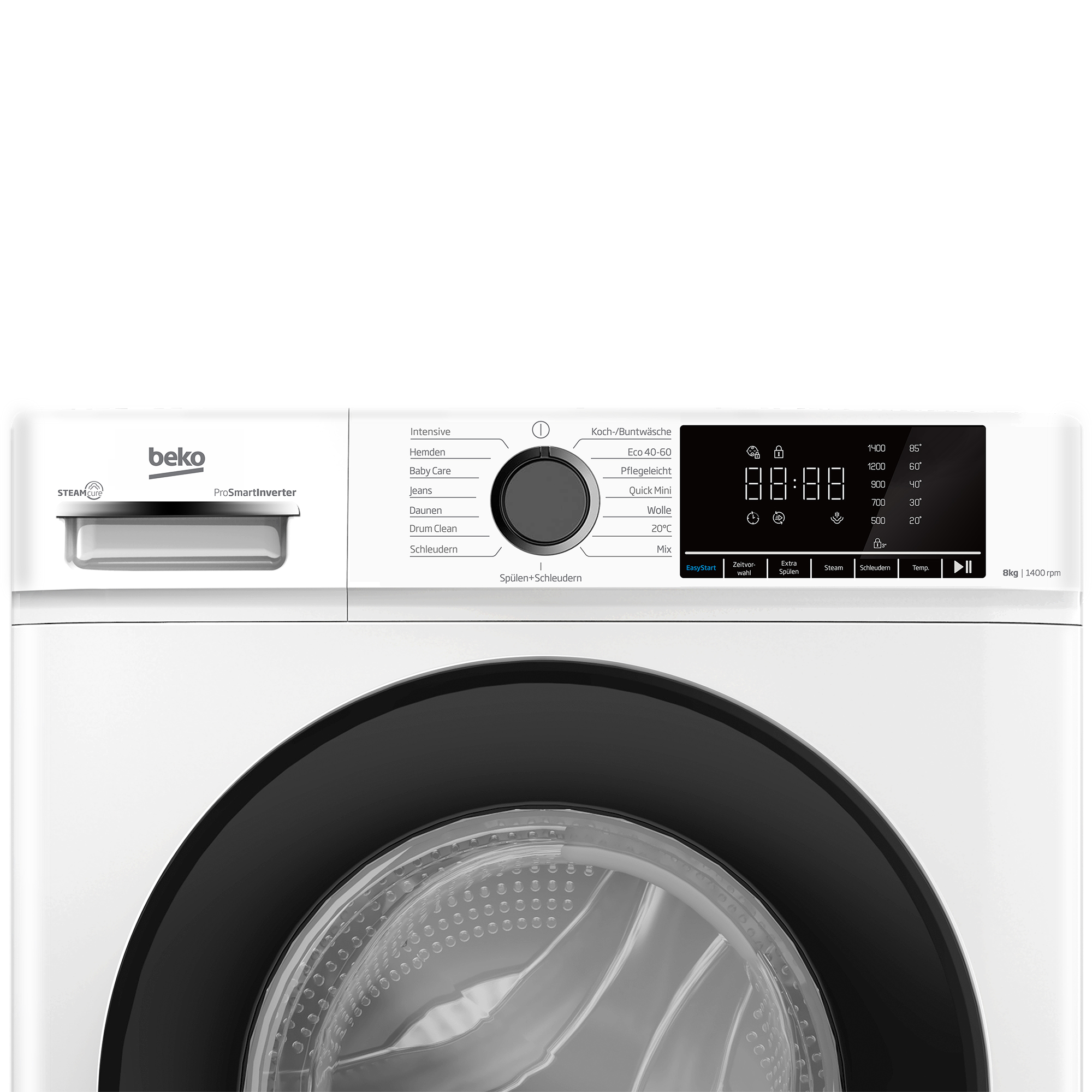 Eine weiße Beko-Waschmaschine. Sie hat eine schwarze Tür und ein Bedienfeld mit Digitalanzeige 88:88.