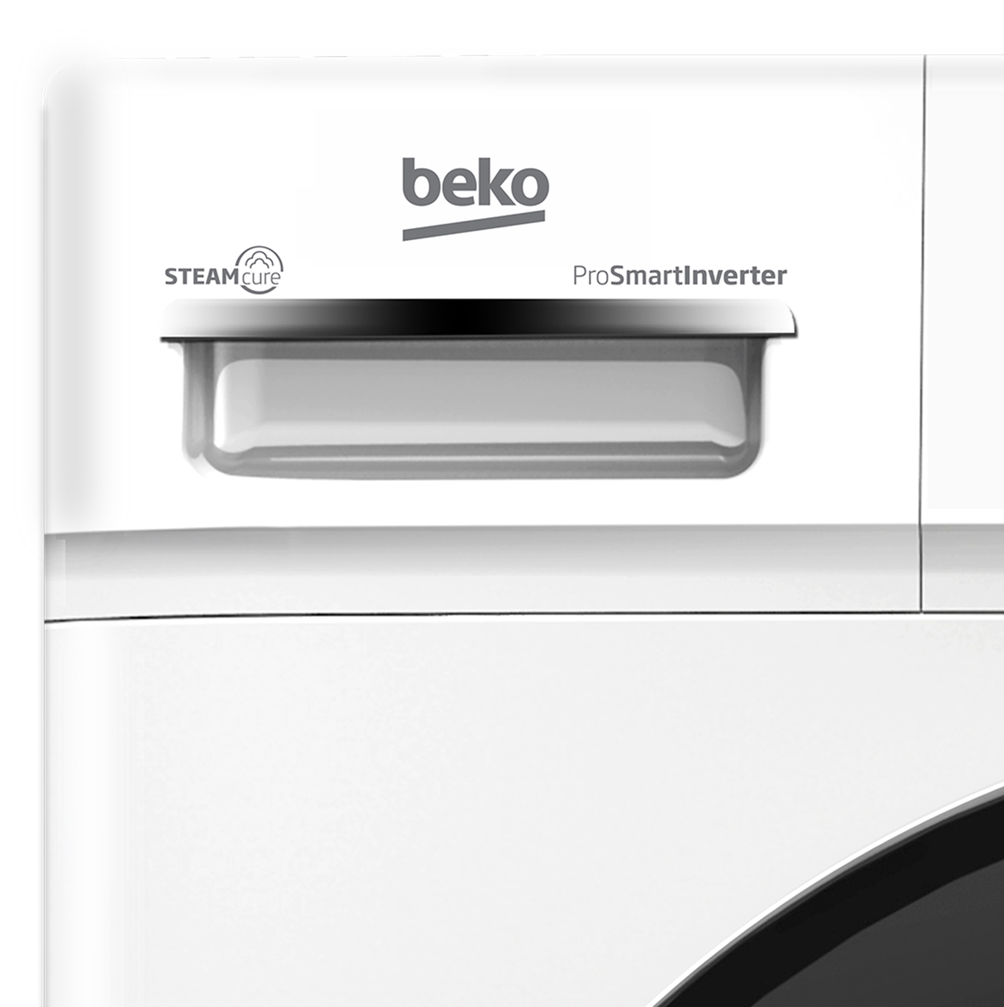 Weißes Beko-Gerät mit SteamCure-Logo, ProSmartInverter-Text und transparentem Fach.
