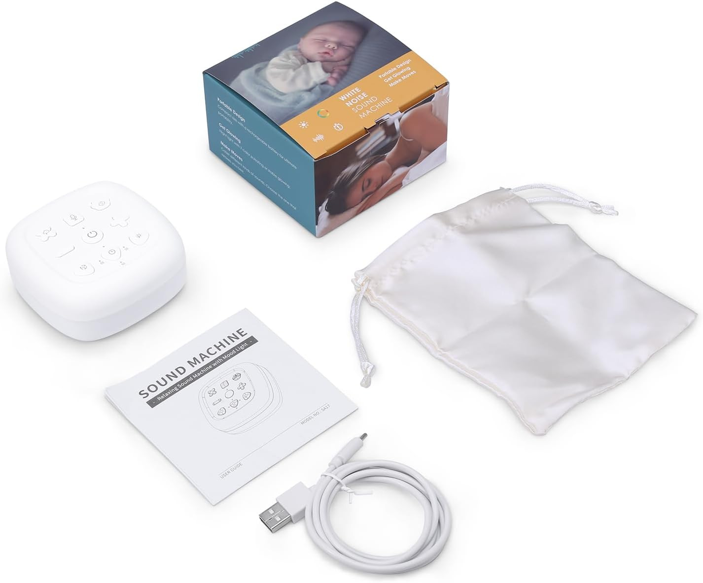 Weißes Rauschen-Soundmaschinen-Set. Enthält Maschine, Box, Beutel, Benutzerhandbuch und USB-Kabel. Alle Artikel sind weiß.