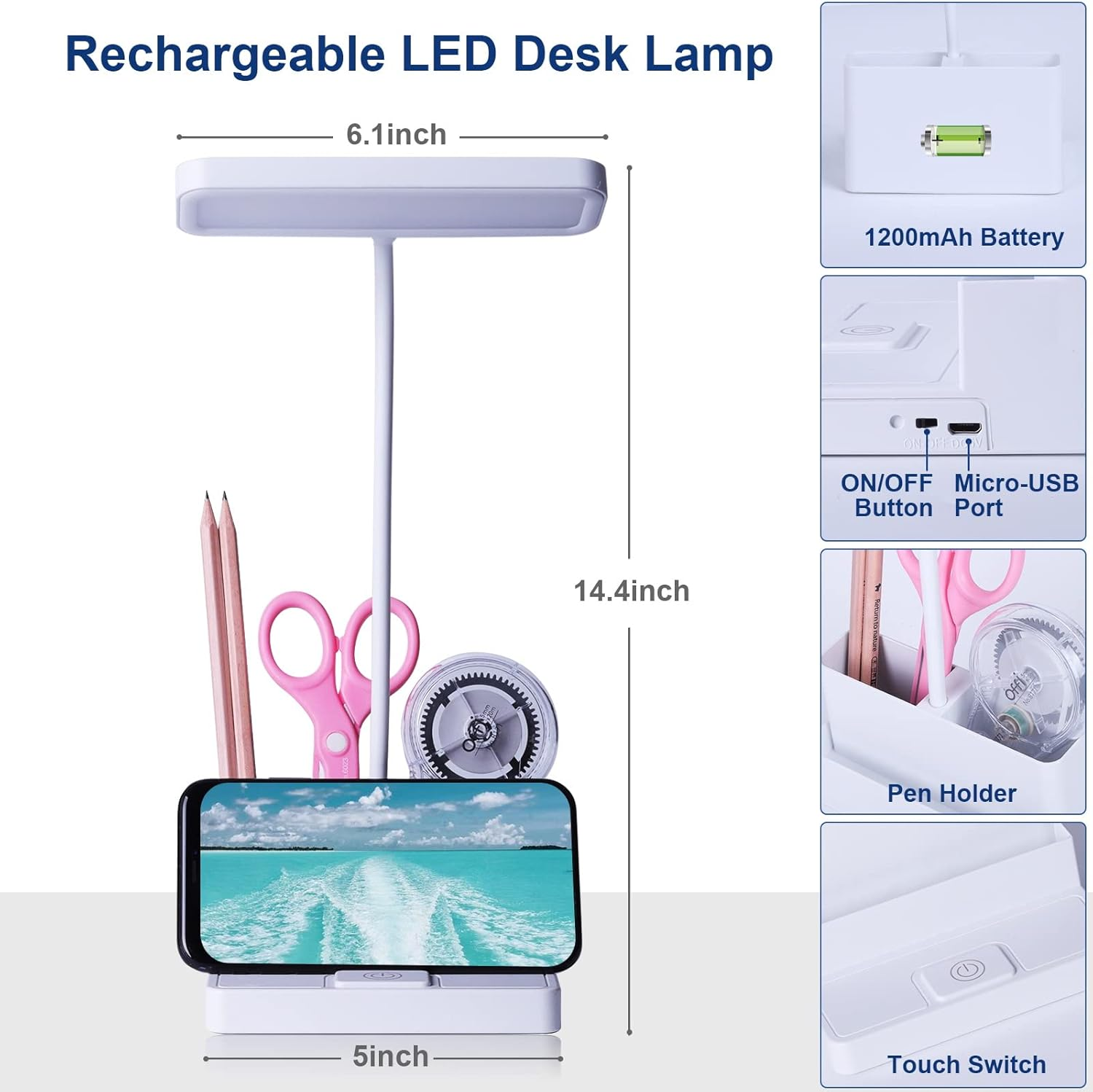 Eine wiederaufladbare LED-Schreibtischlampe mit Telefonhalter. Enthält einen 1200mAh Akku, Stifthalter und Touch-Schalter.