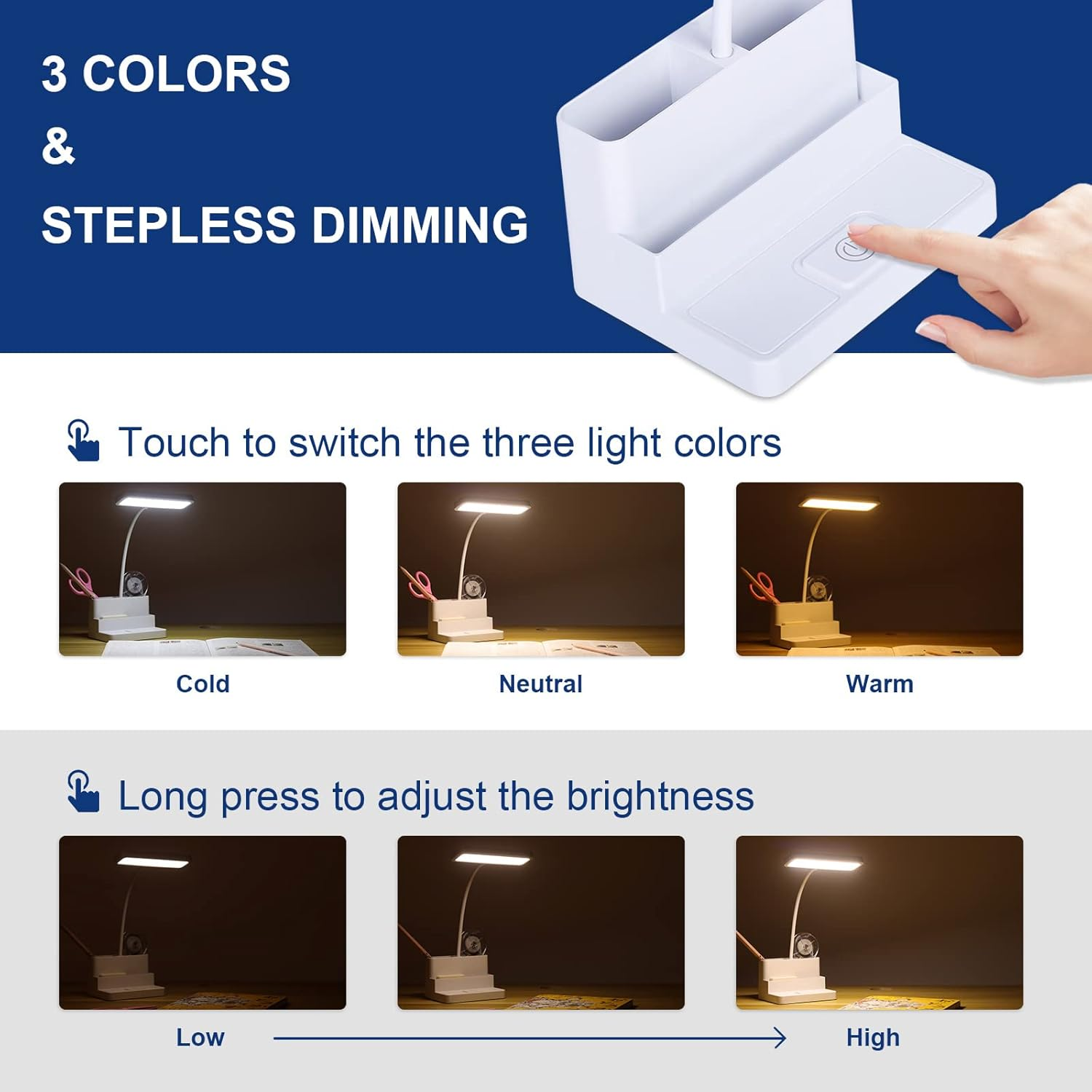 Weiße Schreibtischlampe mit drei Lichtfarben (kalt, neutral, warm) und einstellbarer Helligkeit. Eine Hand berührt den Ein-/Ausschalter.