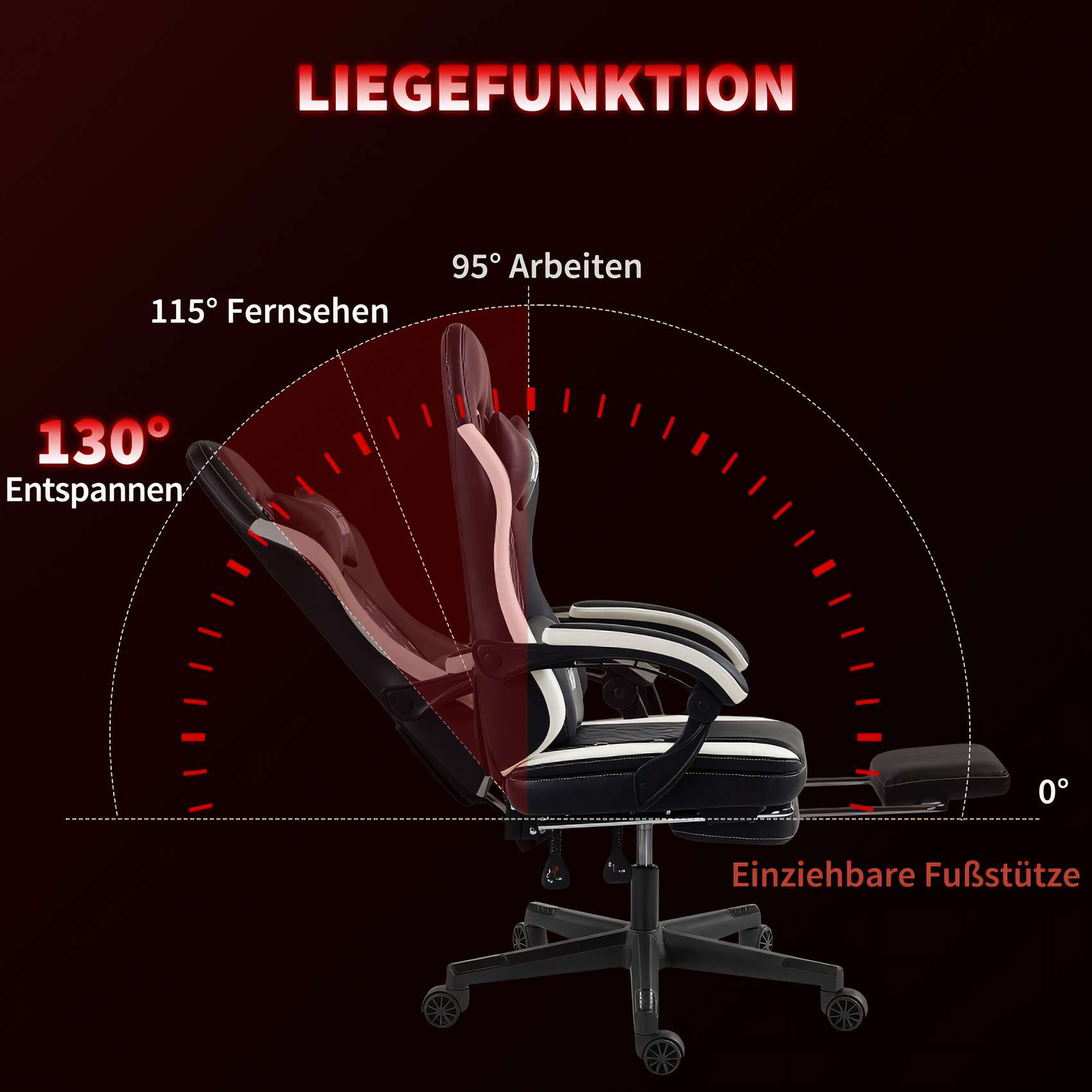 Gaming-Stuhl mit Liegefunktionen. Zeigt Winkel zum Arbeiten, Fernsehen und Entspannen. Hat eine Fußstütze.