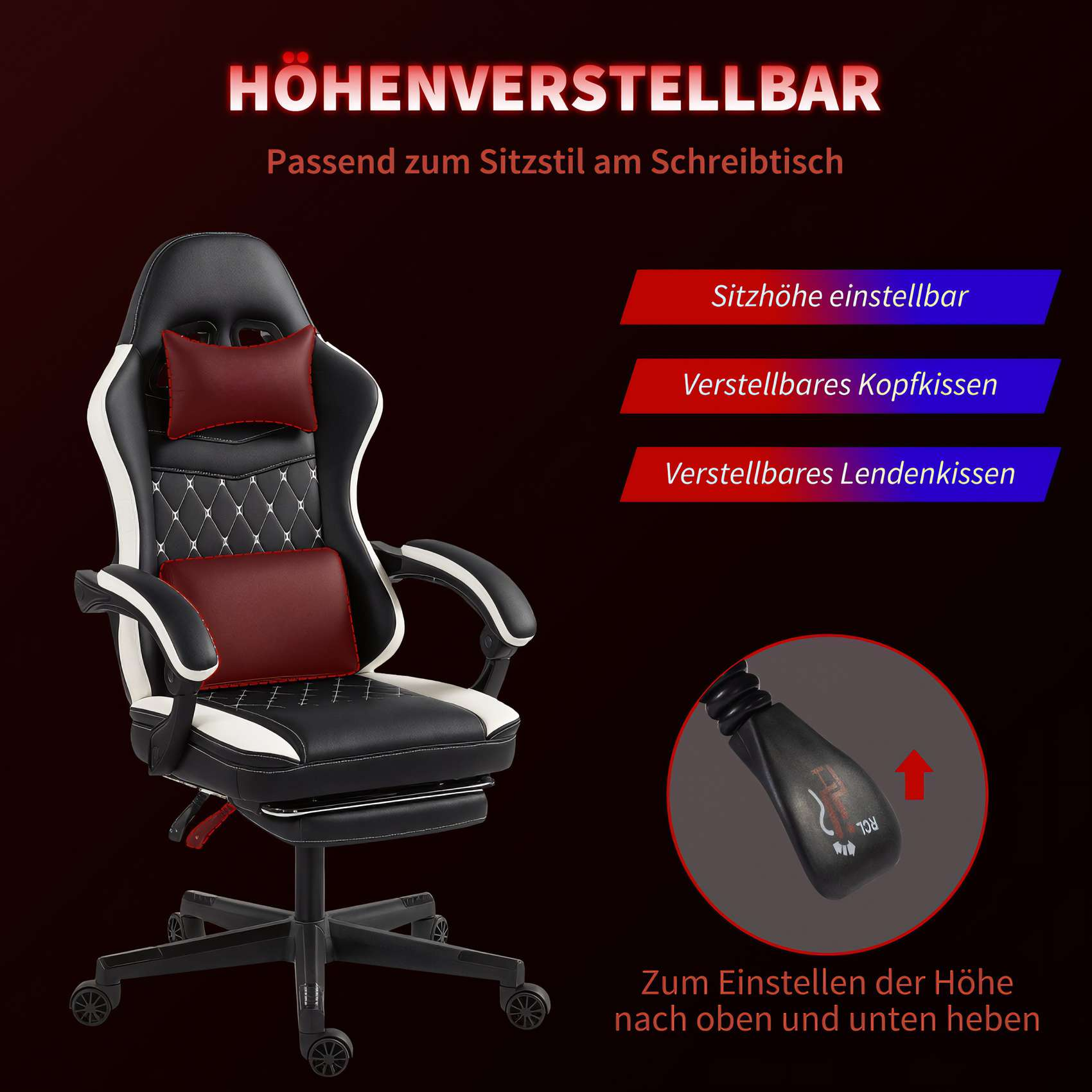 Gaming-Stuhl mit höhenverstellbaren Kissen. Merkmale sind verstellbare Kopf- und Lendenwirbelstütze.