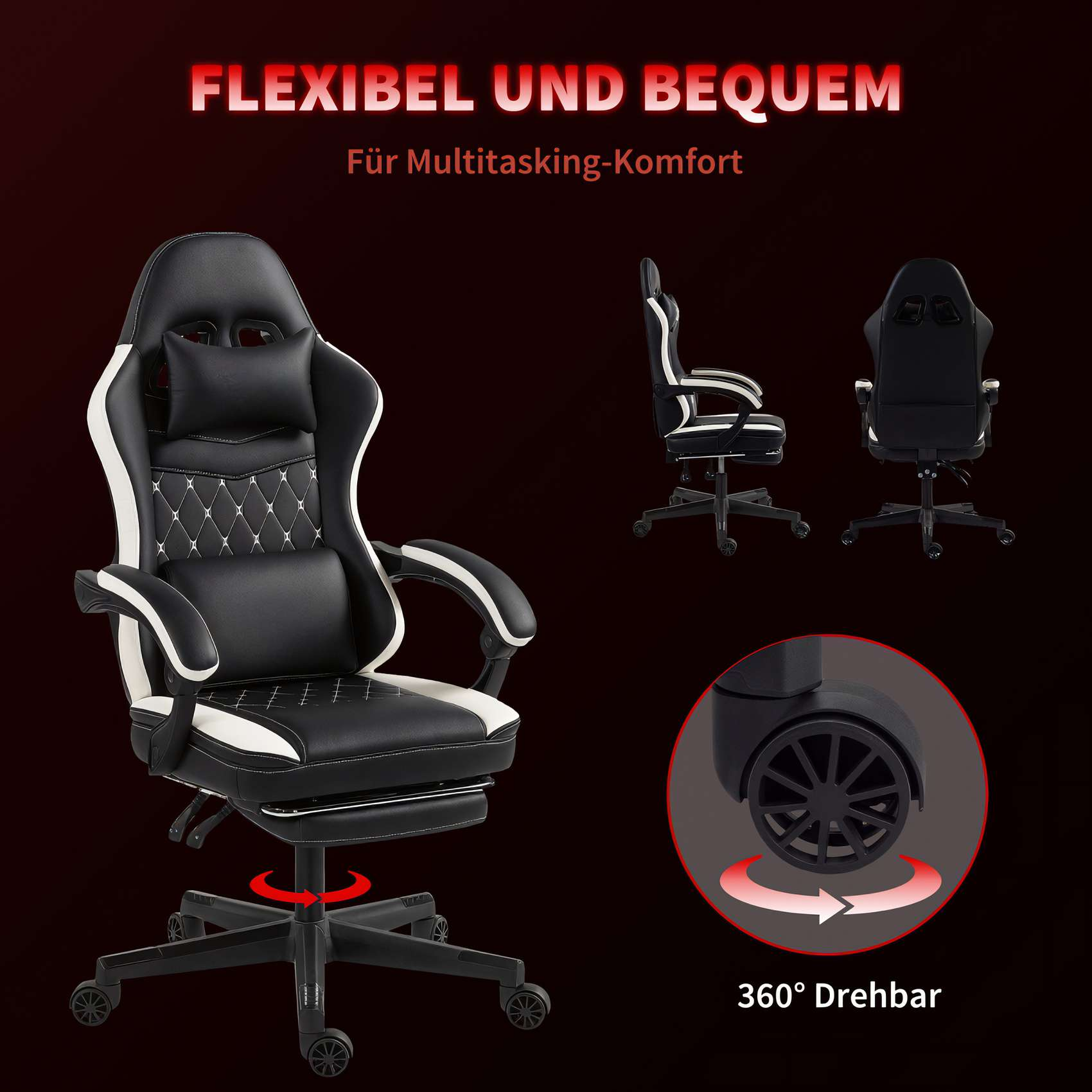 Ein schwarz-weißer Gaming-Stuhl mit Kopf- und Lendenwirbelstütze, aus mehreren Perspektiven gezeigt. Er hat Räder und eine Fußstütze.