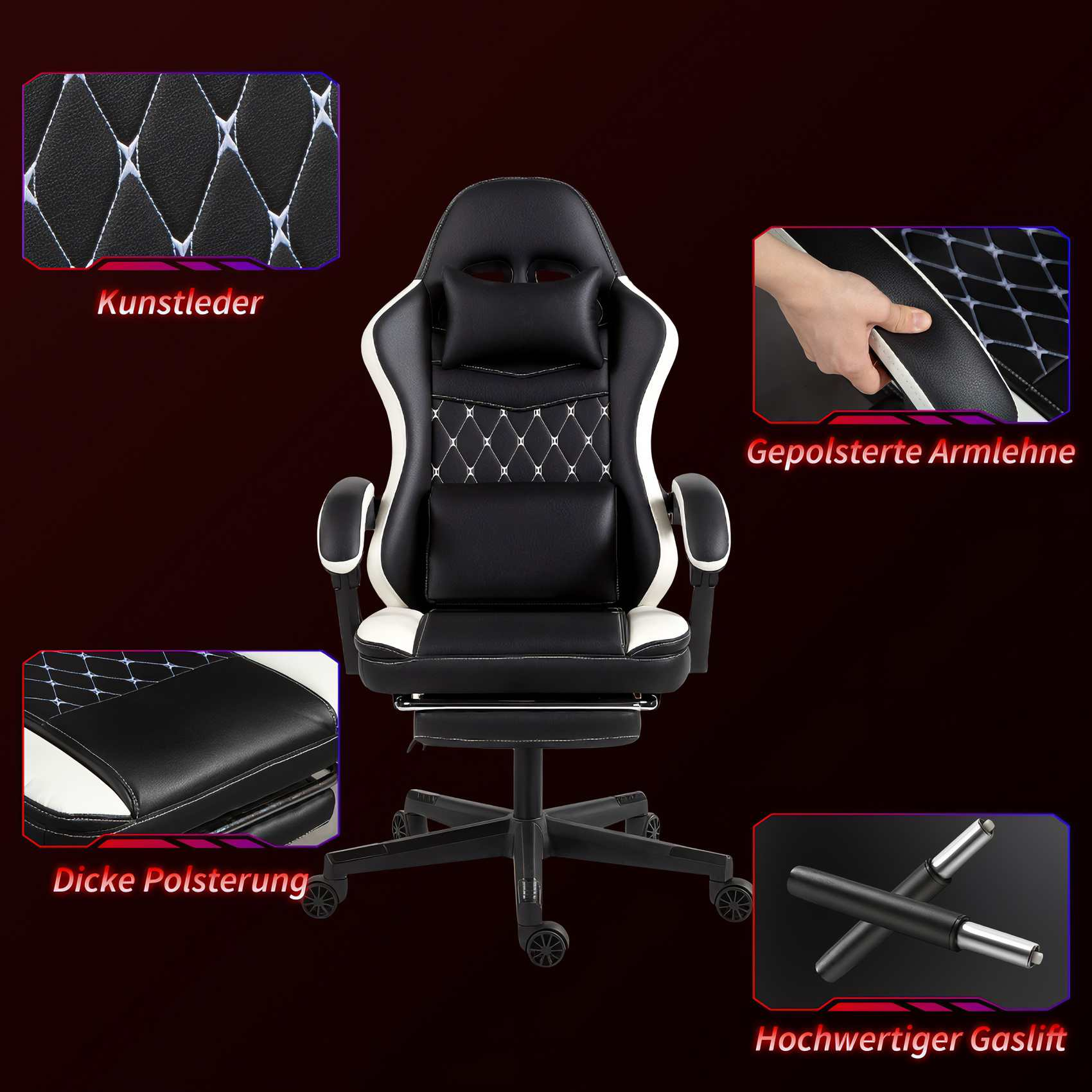 Gaming-Stuhl in Schwarz und Weiß mit Details zu Kunstleder, gepolsterten Armlehnen und hochwertiger Gasfederung.