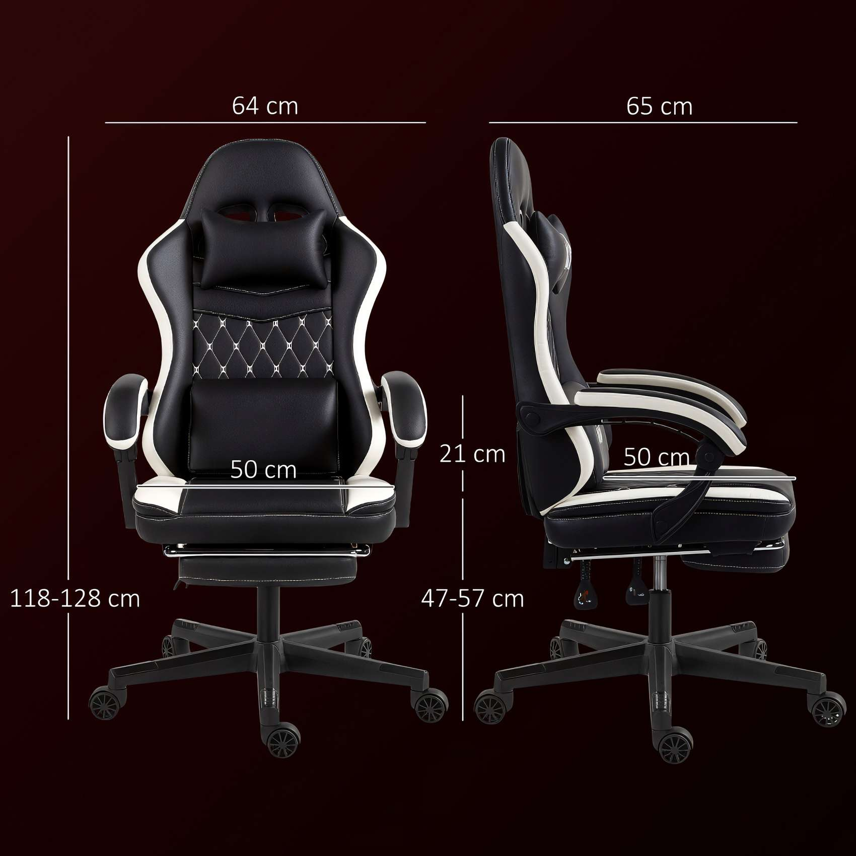 Gaming-Stuhl in Schwarz und Weiß mit Maßen. Inklusive Kopfstütze, Armlehnen und einem Fünf-Rad-Gestell.