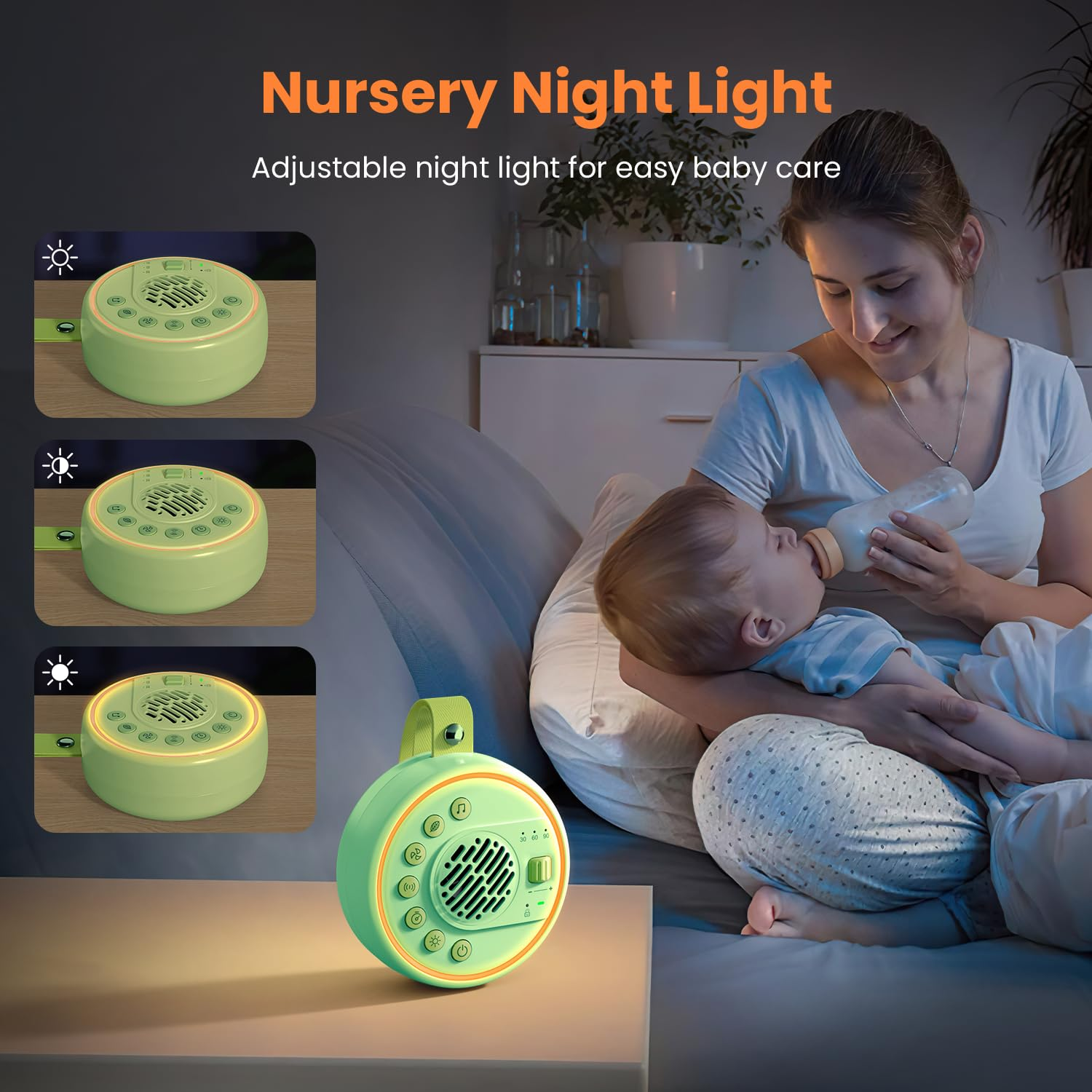 Eine Frau füttert ein Baby mit einer Flasche. Ein grünes Nachtlicht mit Knöpfen steht auf einem Tisch. Das Bild wirbt für Nachtlichter.