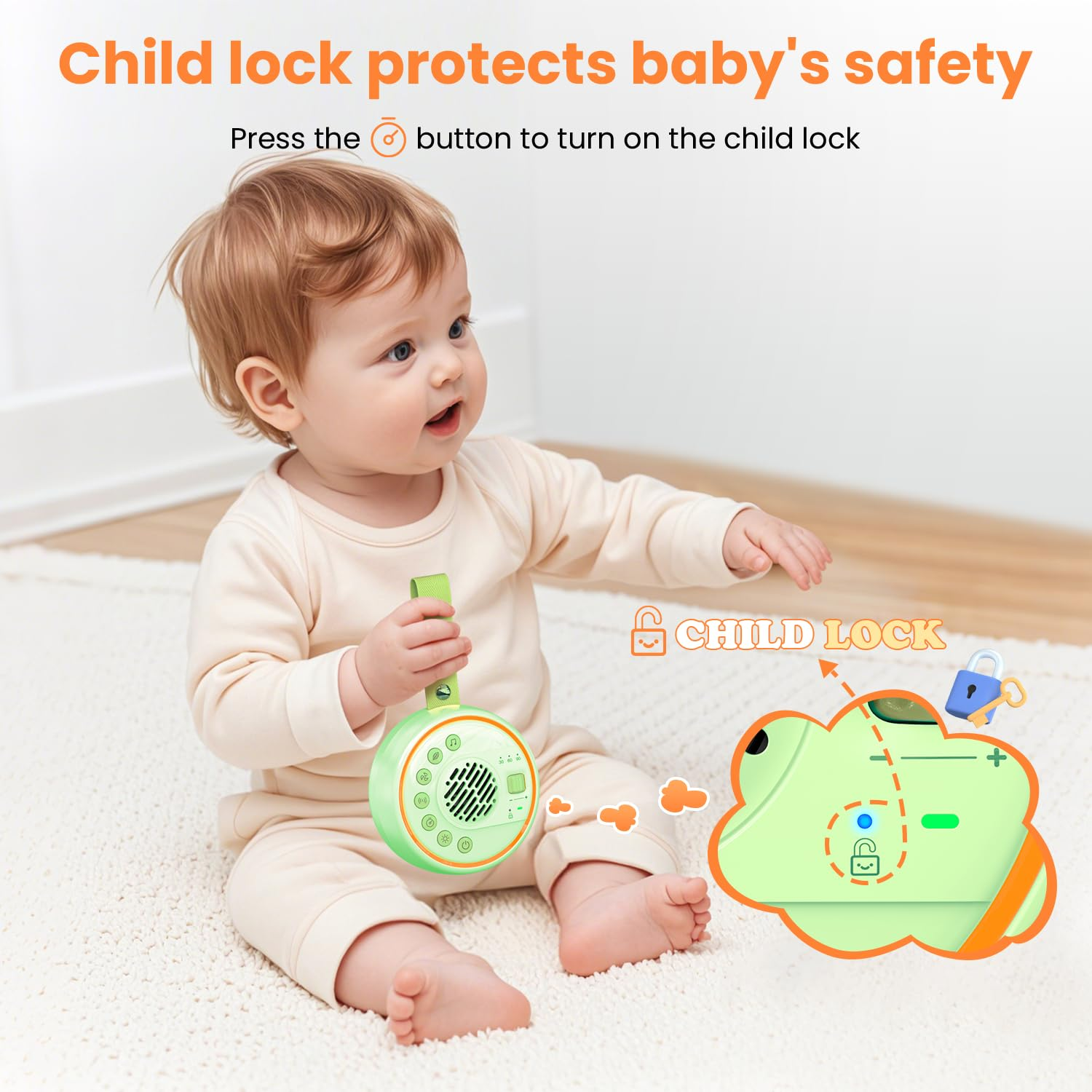 Ein Baby sitzt und hält ein grünes Gerät. Text sagt: Kindersicherung schützt die Sicherheit des Babys. Ein Diagramm zeigt die Kindersicherungsfunktion.