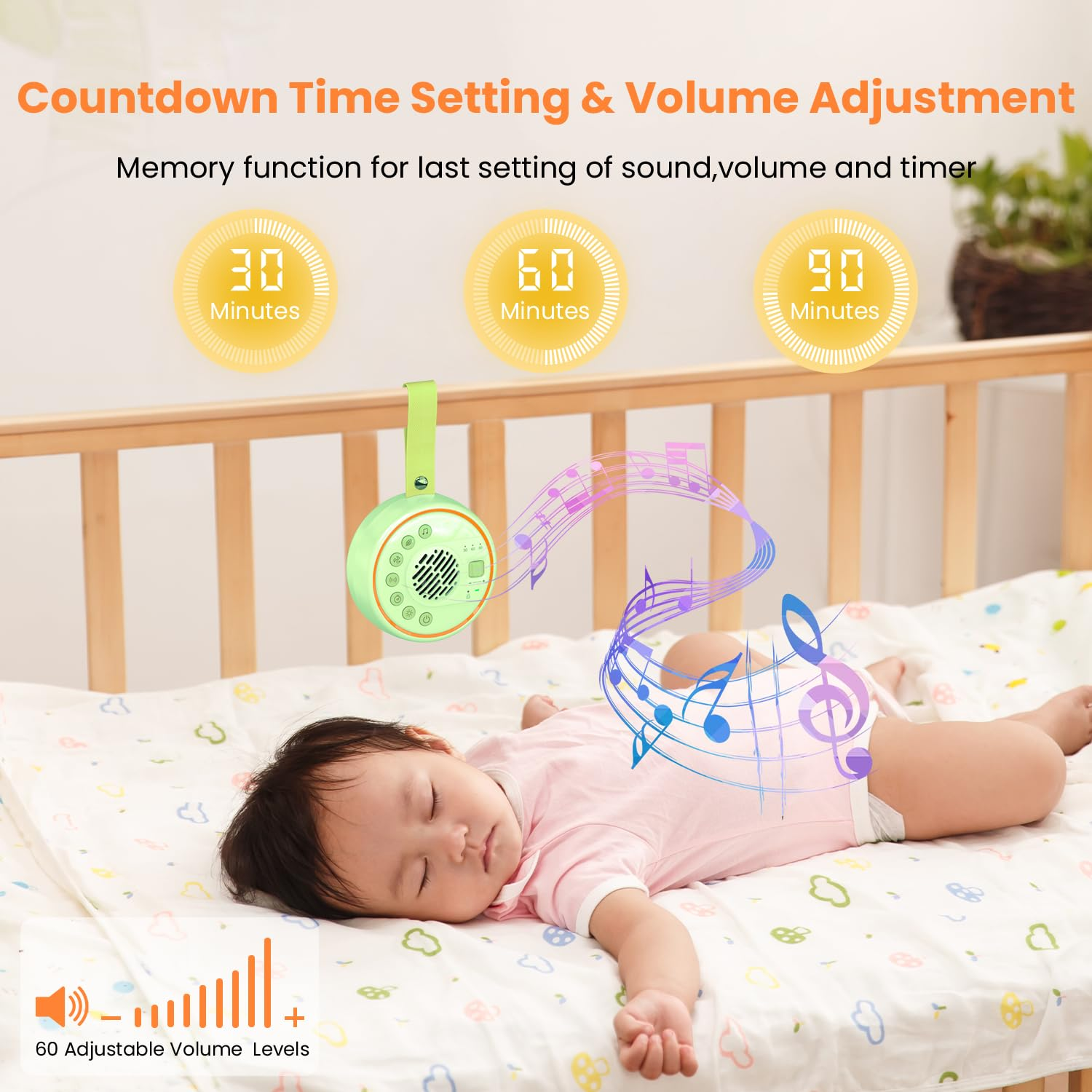 Ein Baby schläft in einem Kinderbett mit einem Musikgerät darüber. Das Bild zeigt Zeiteinstellungen, Noten und Lautstärkeregelung.