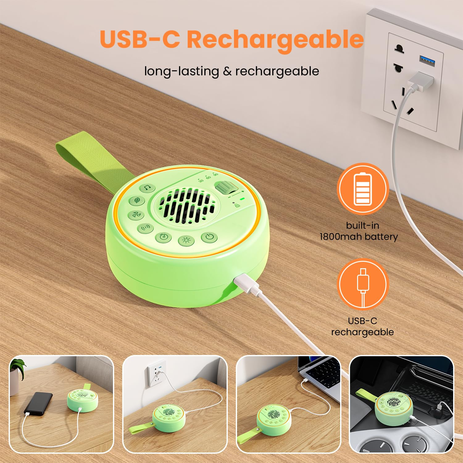 Ein grünes, kreisförmiges, über USB-C aufladbares Gerät ist eingesteckt. Es hat einen Griff und liegt auf einer Holzoberfläche. Text sagt: 'USB-C Rechargeable'.