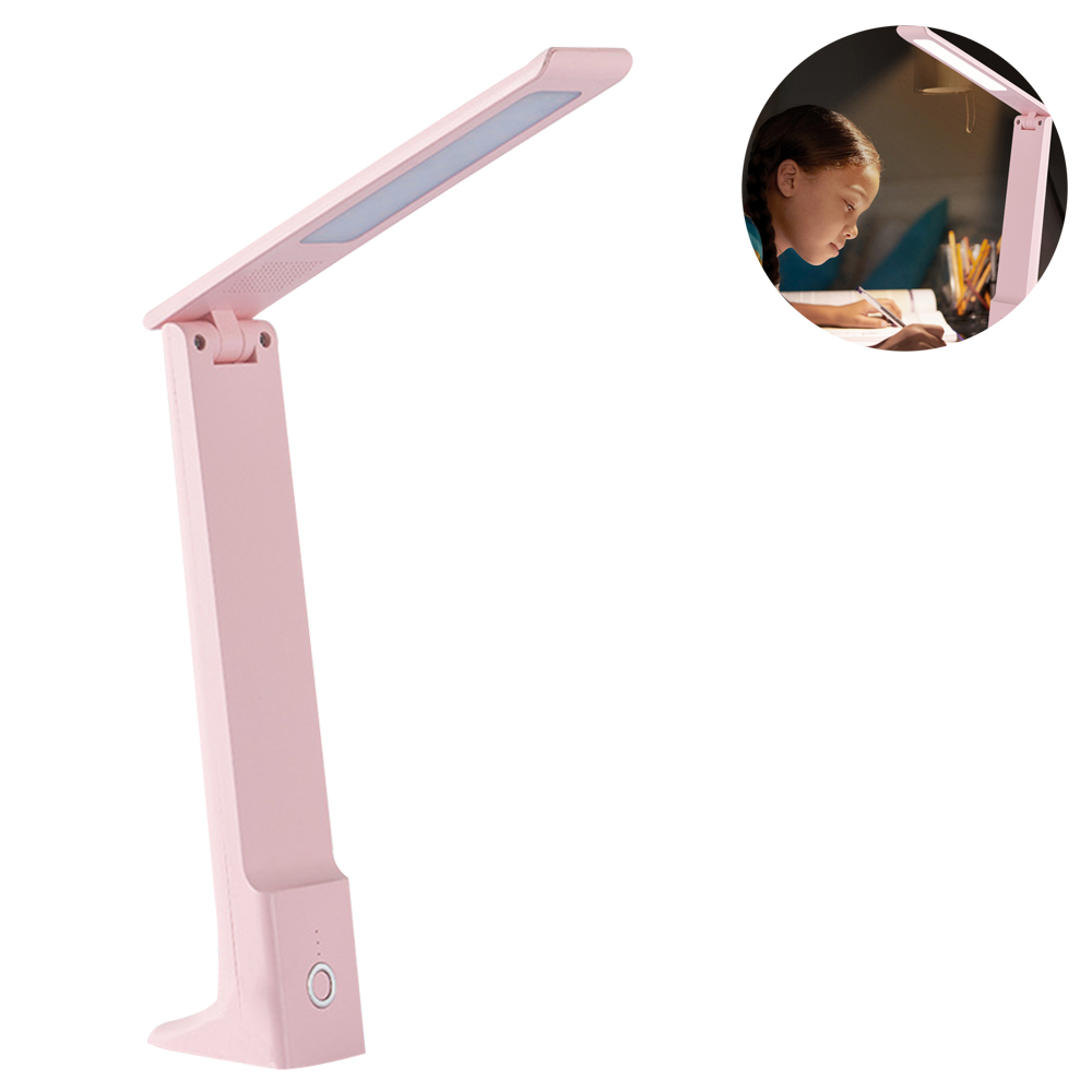 Eine rosa Schreibtischlampe wird gezeigt. In einem kreisförmigen Einsatz lernt ein Mädchen an einem Schreibtisch, der von einer ähnlichen Lampe beleuchtet wird.