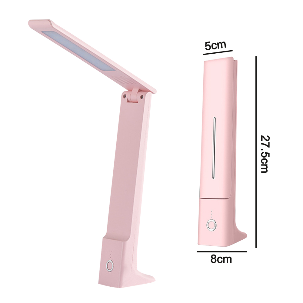 Eine rosa Schreibtischlampe wird gefaltet und entfaltet gezeigt. Abmessungen: 27,5 cm Höhe, 8 cm Basis, 5 cm Breite. Die Lampe hat eine Touch-Taste.
