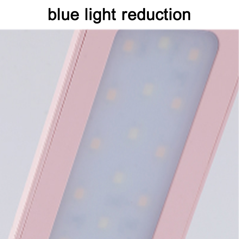 Nahaufnahme einer rosa LED-Lampe, die das Lichtpaneel mit mehreren kleinen LED-Leuchten zeigt. Der Rahmen ist rosa, der Hintergrund ist weiß.