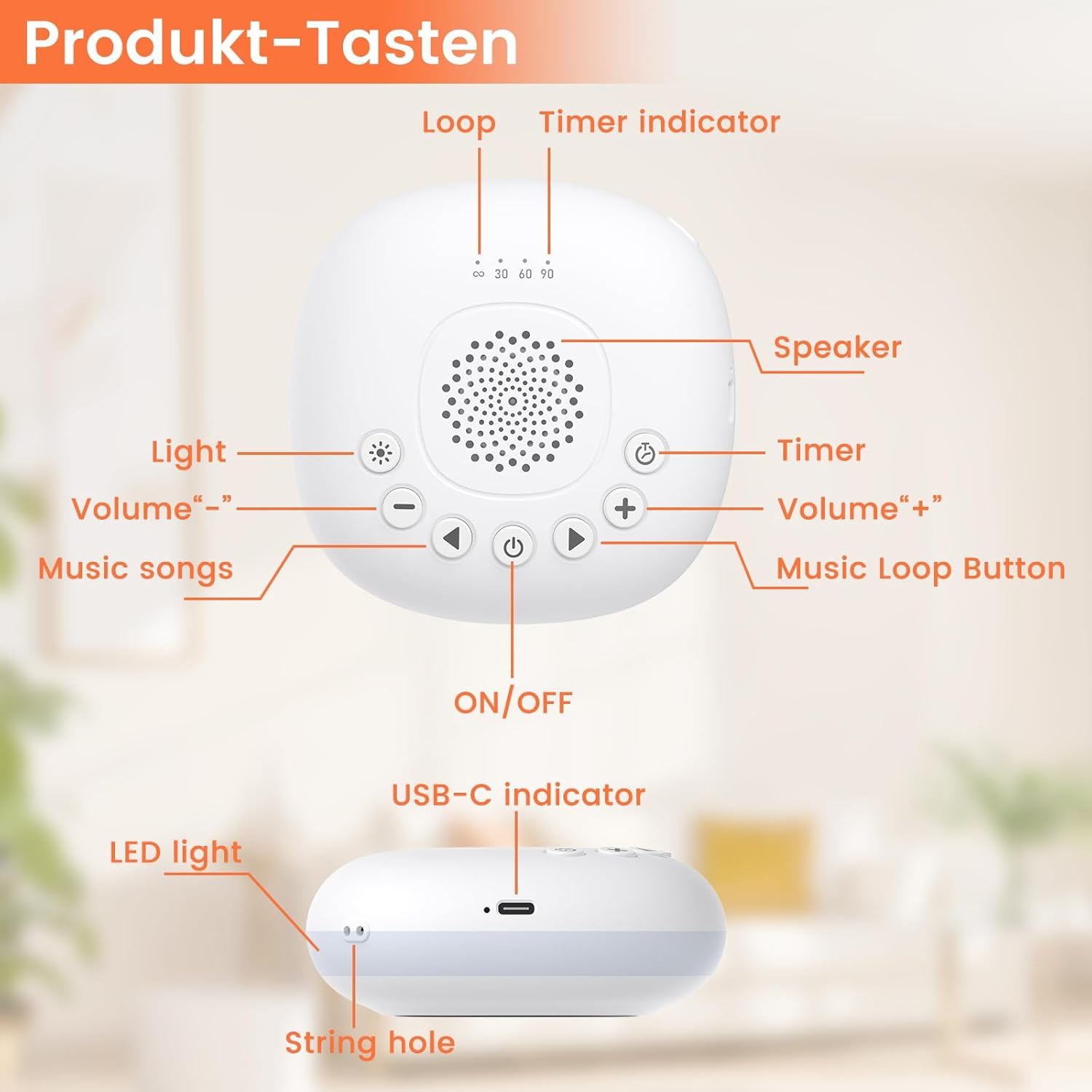 Weißes Gerät mit Tasten: Licht, Lautstärke, Musik, Loop, Timer und Ein/Aus. Verfügt über einen Lautsprecher, LED und USB-C-Anschluss.