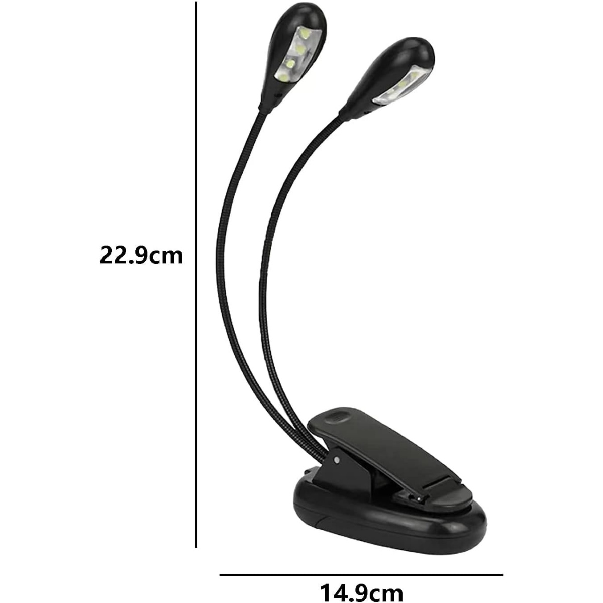 Schwarze LED-Buchleuchte mit zwei verstellbaren Köpfen. Sie hat eine Clip-On-Basis und die Maße sind 22,9 cm und 14,9 cm.