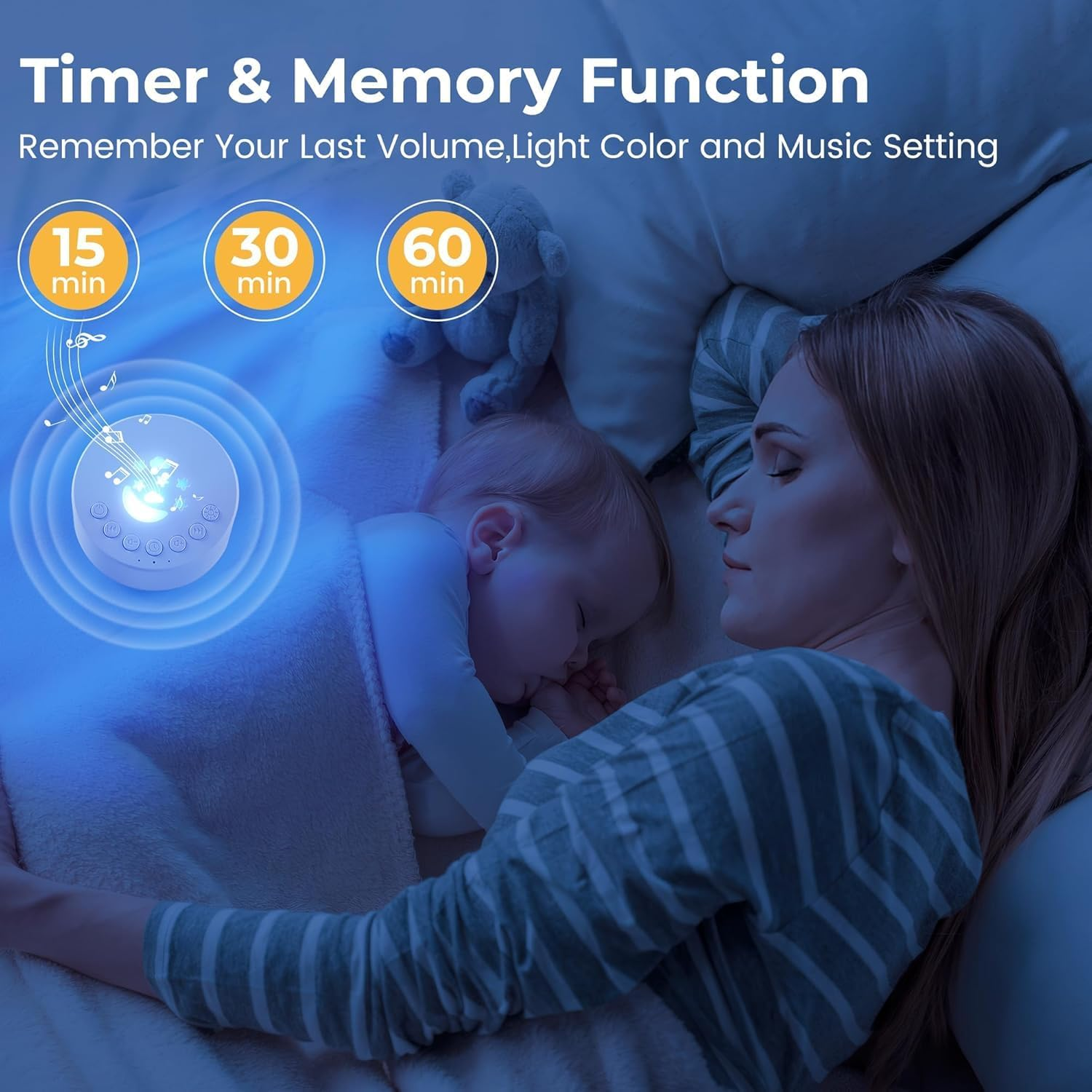 Eine Frau und ein Baby schlafen im Bett. Ein leuchtendes Gerät mit Timer-Optionen (15, 30, 60 Min.) schwebt in ihrer Nähe, um das Einschlafen zu fördern.