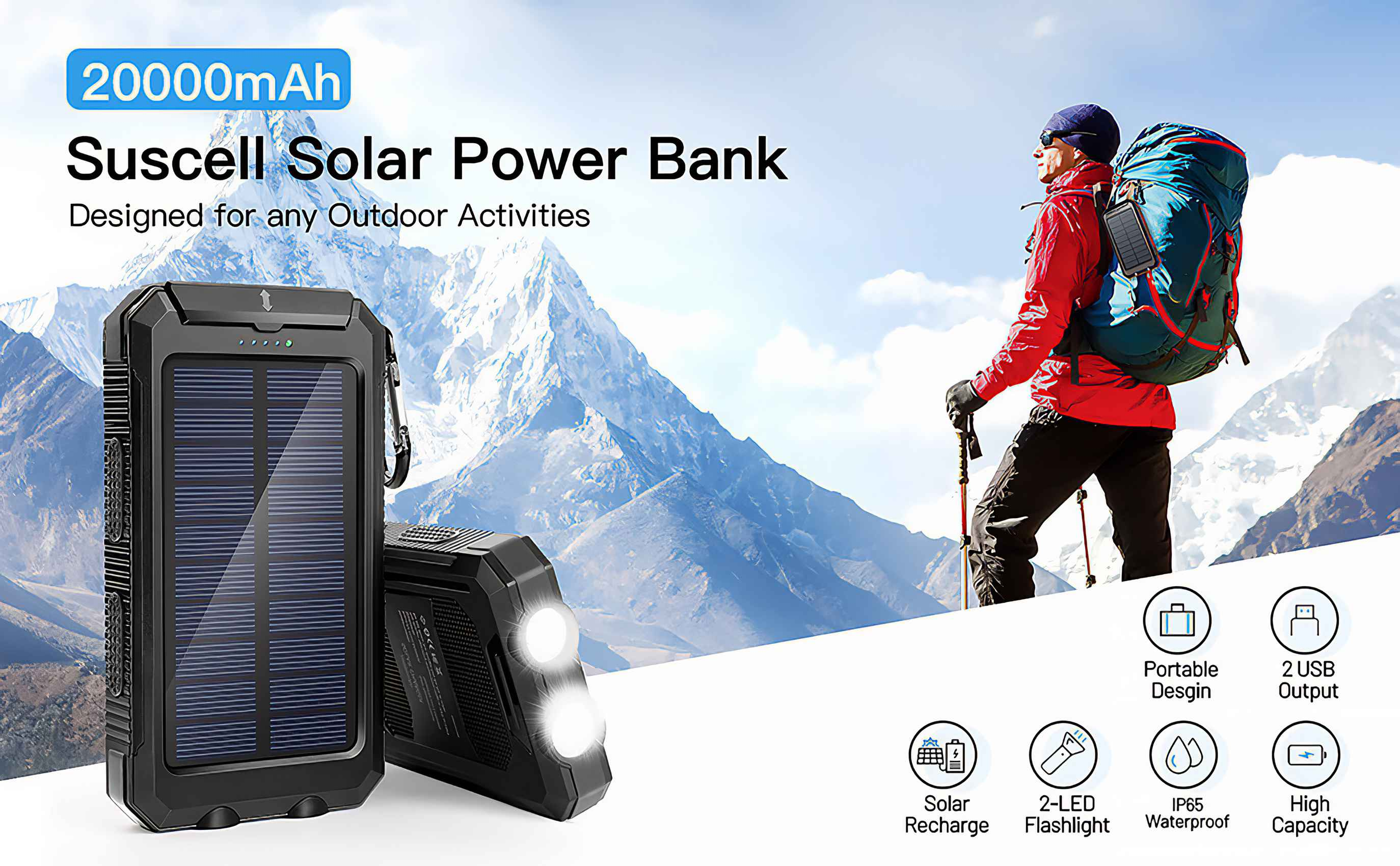 Das Bild zeigt eine Solar-Powerbank und einen Wanderer. Die Bank ist schwarz, mit Sonnenkollektoren. Der Wanderer trägt Rot und einen Rucksack.
