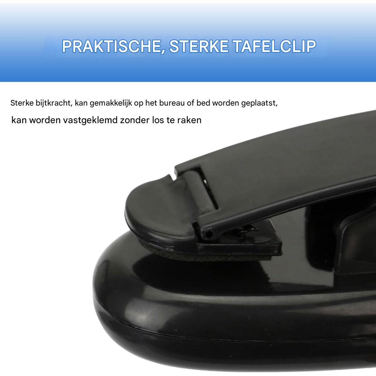 Nahaufnahme einer schwarzen Tischklammer. Sie hat einen starken Griff und kann leicht auf einem Schreibtisch oder Bett platziert werden.