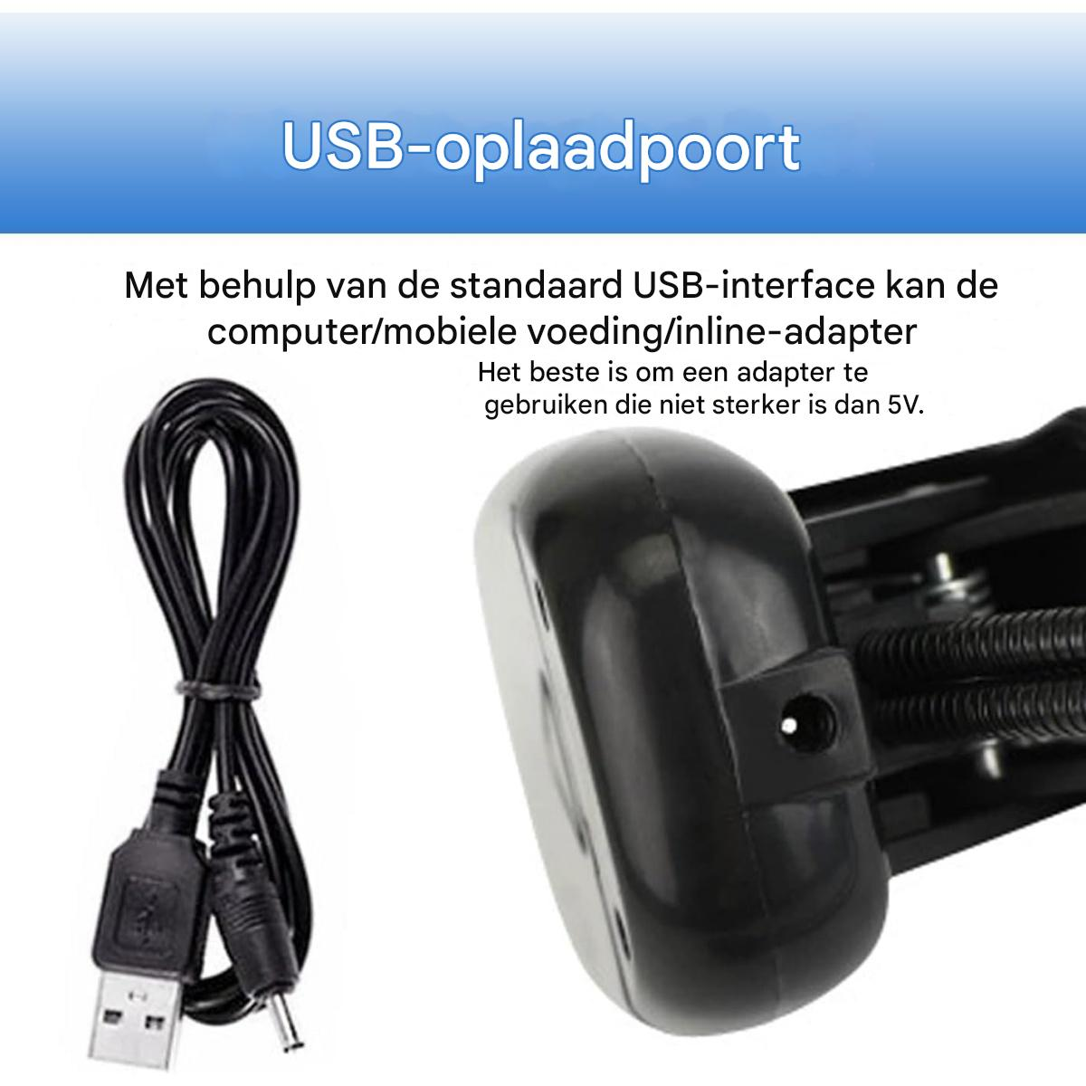 Das Bild zeigt einen USB-Ladeanschluss mit einem schwarzen USB-Kabel und Text zur Verwendung eines 5V-Adapters.