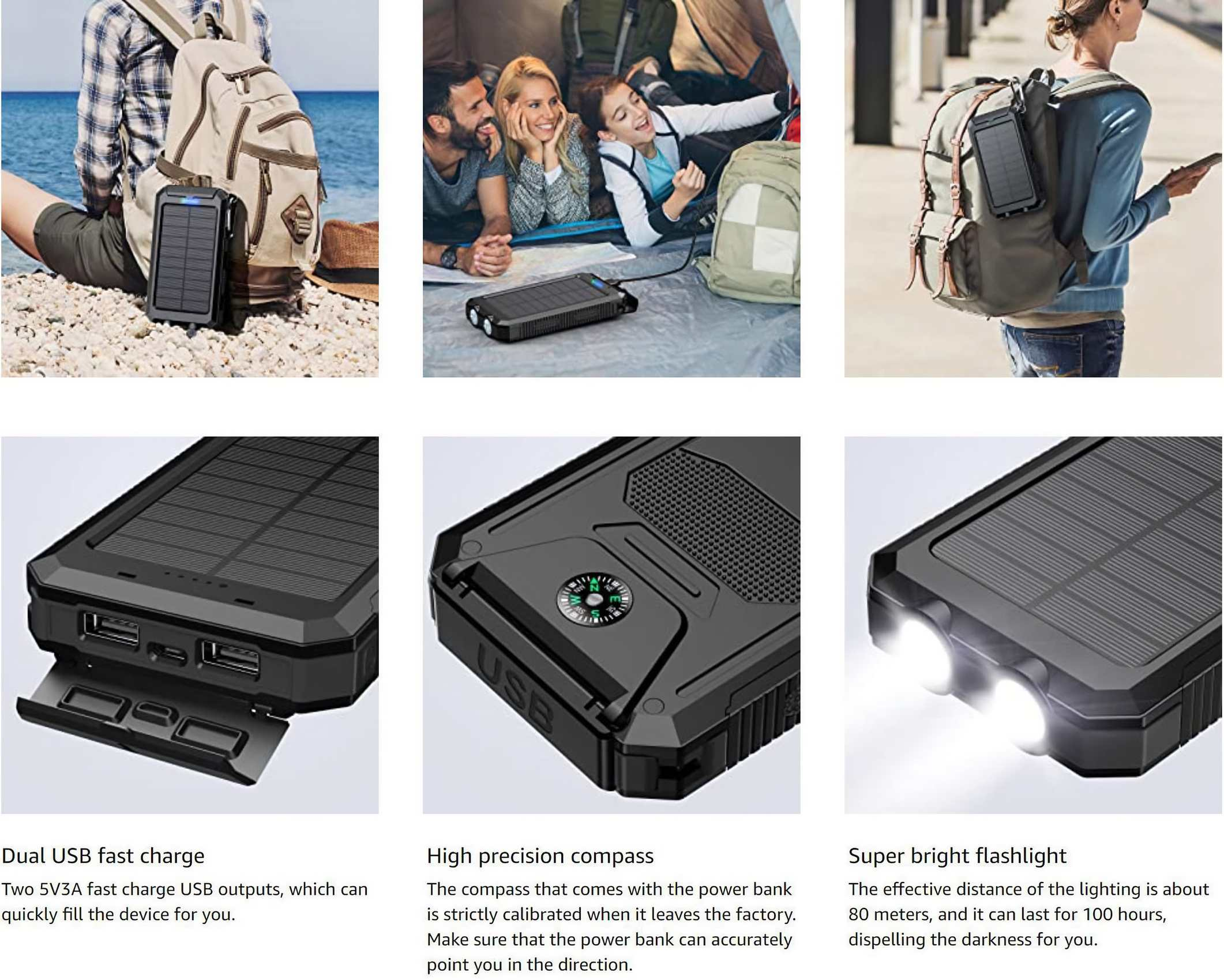 Eine Solar-Powerbank auf einem Rucksack. Menschen sind in einem Zelt und im Freien. Die Powerbank hat einen Kompass und eine Taschenlampe.