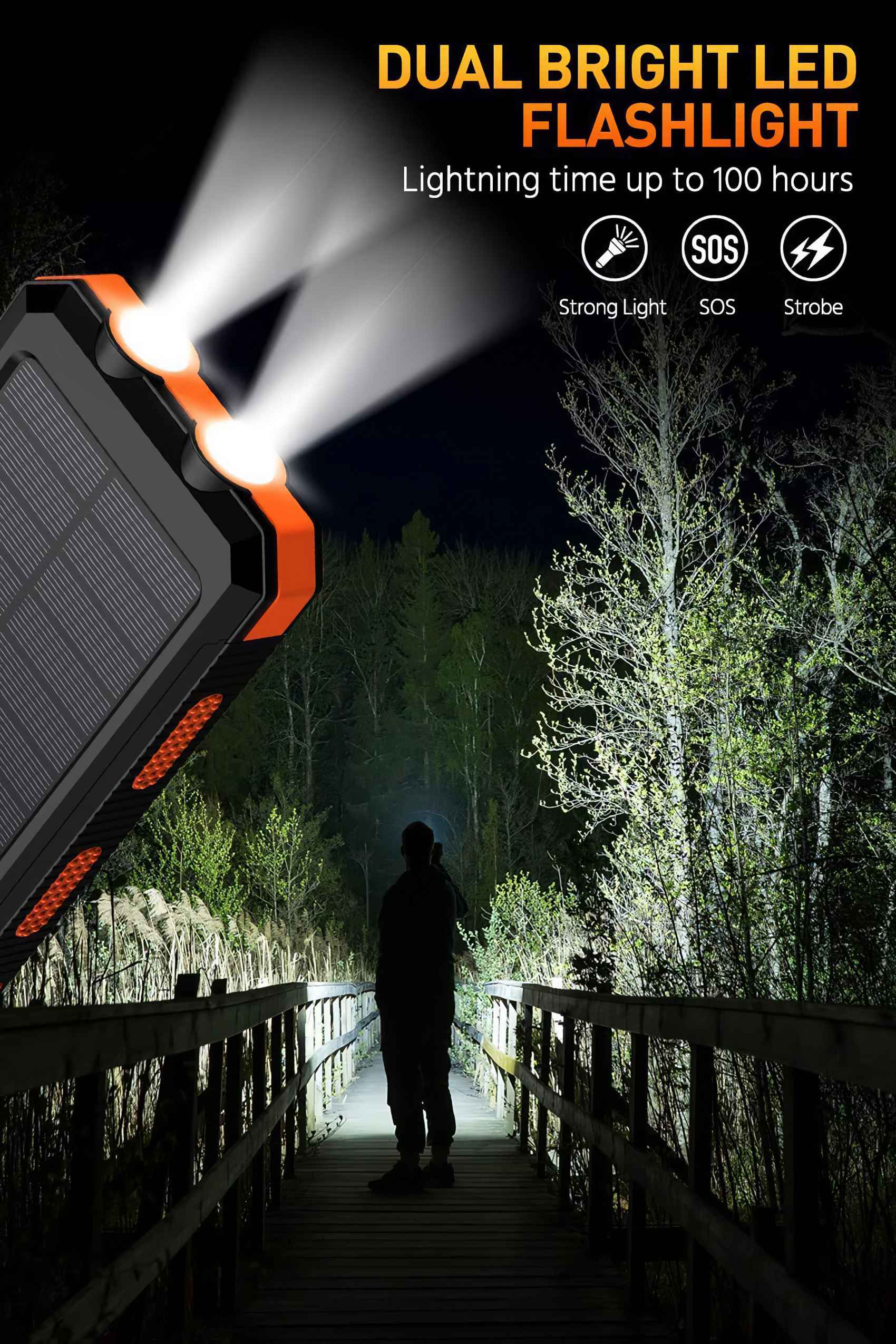 Eine Person auf einer Brücke benutzt eine Taschenlampe, die den Weg und die Umgebung beleuchtet. Die Taschenlampe ist Teil einer Anzeige.