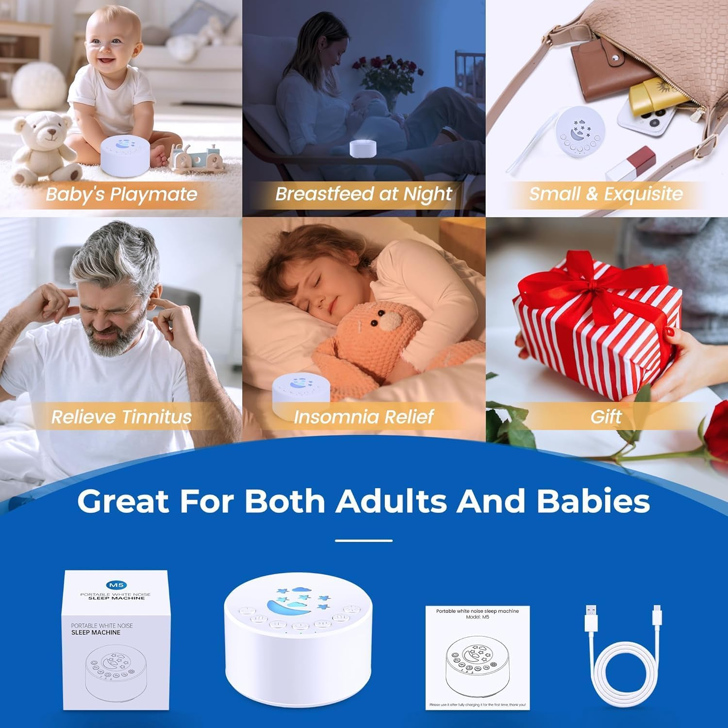 Das Bild zeigt eine White-Noise-Maschine mit verschiedenen Szenarien: Baby, Stillen, klein, Tinnitus-Linderung, Geschenk und Schlaflosigkeit.