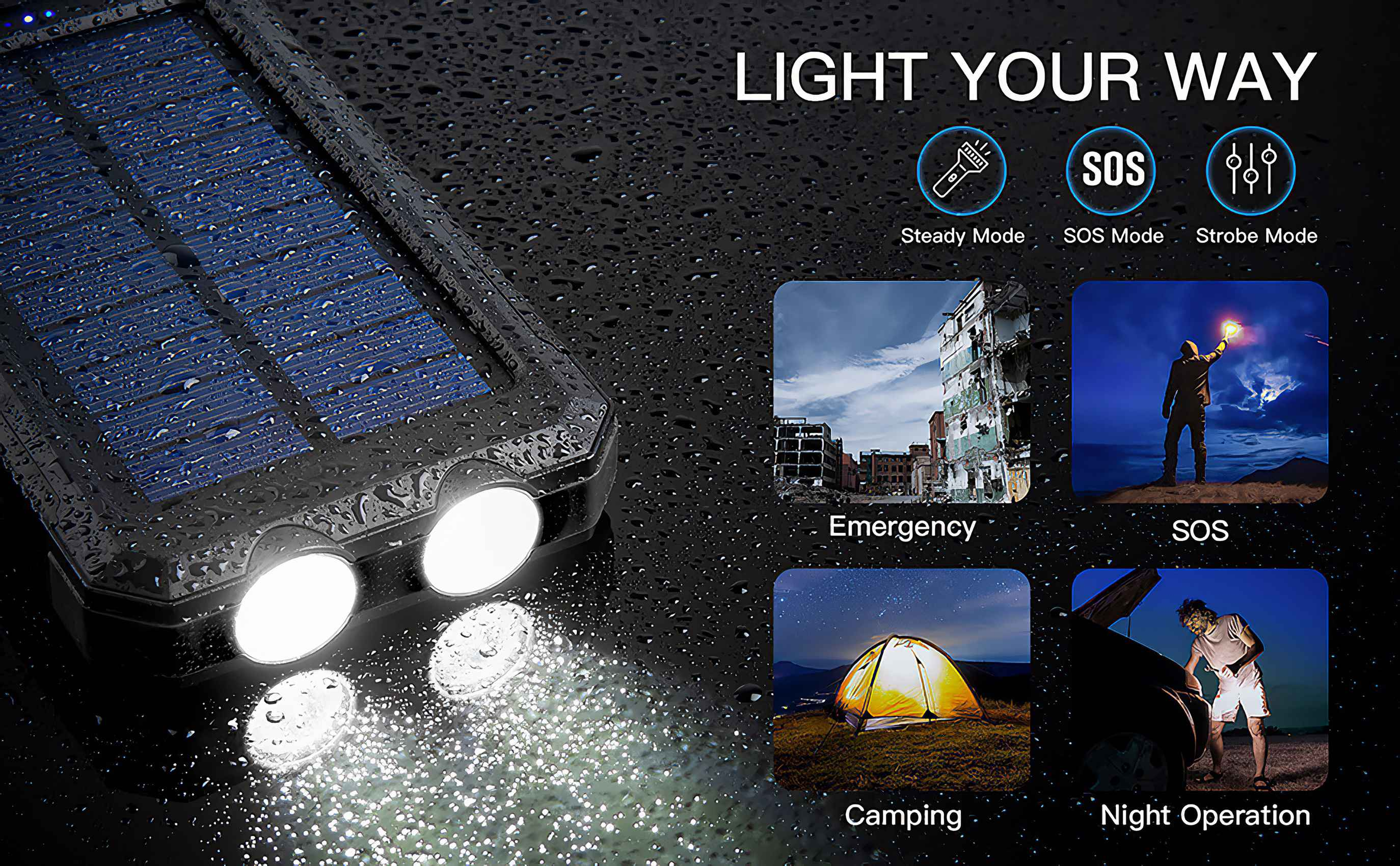 Schwarze Taschenlampe mit Solarpanel. Zeigt verschiedene Verwendungen: Notfall, SOS, Camping und Nachtbetrieb.