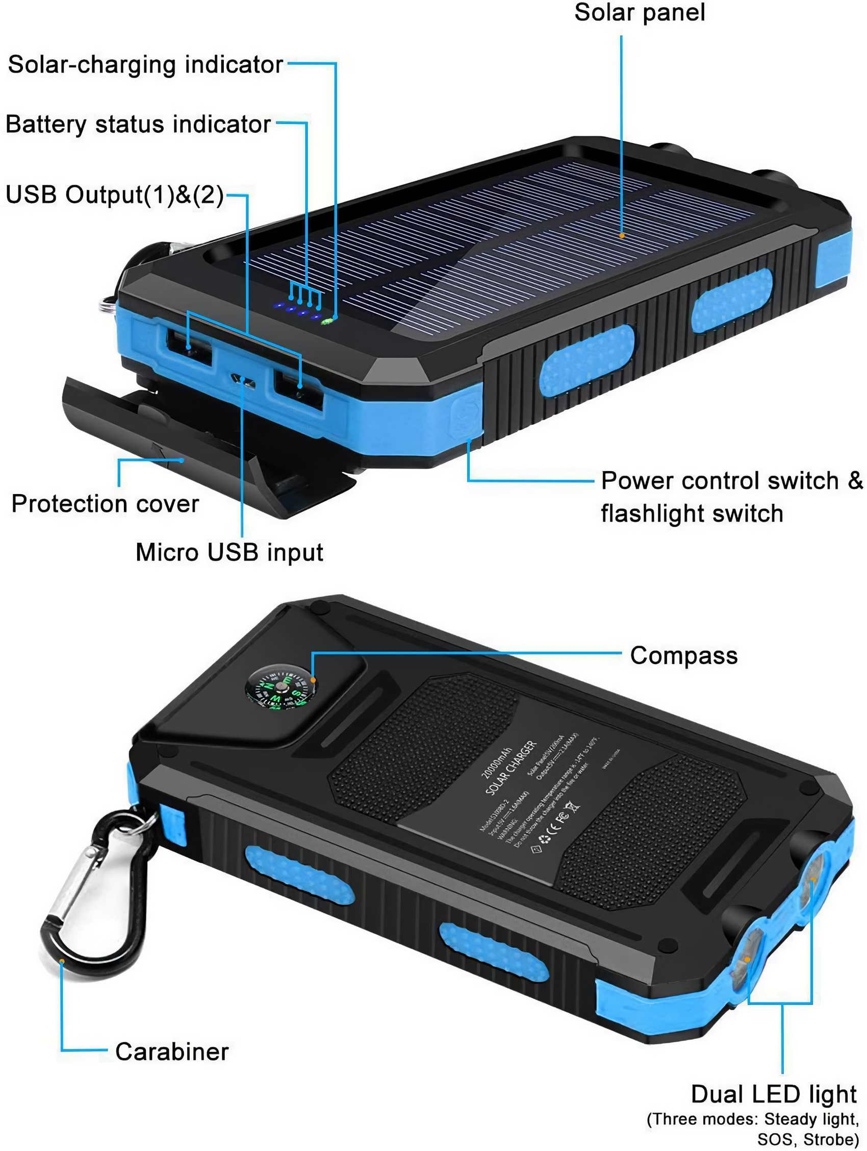 Schwarzes Solarladegerät mit blauen Akzenten. Verfügt über ein Solarpanel, LED-Leuchten, einen Kompass und USB-Anschlüsse.