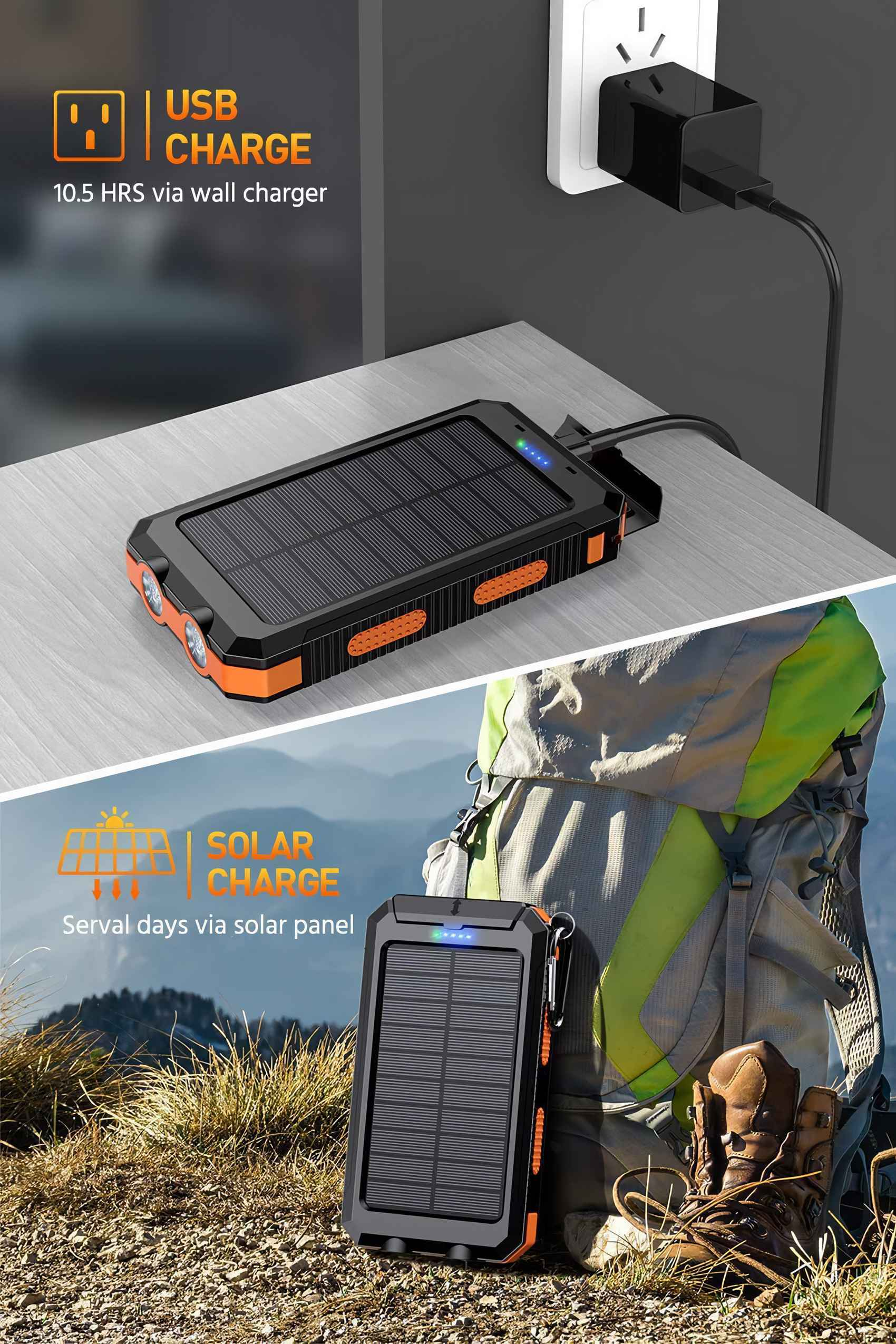 Ein Solar-Ladegerät wird gezeigt, eines an einer Steckdose und ein anderes neben einem Rucksack in einer natürlichen Umgebung.
