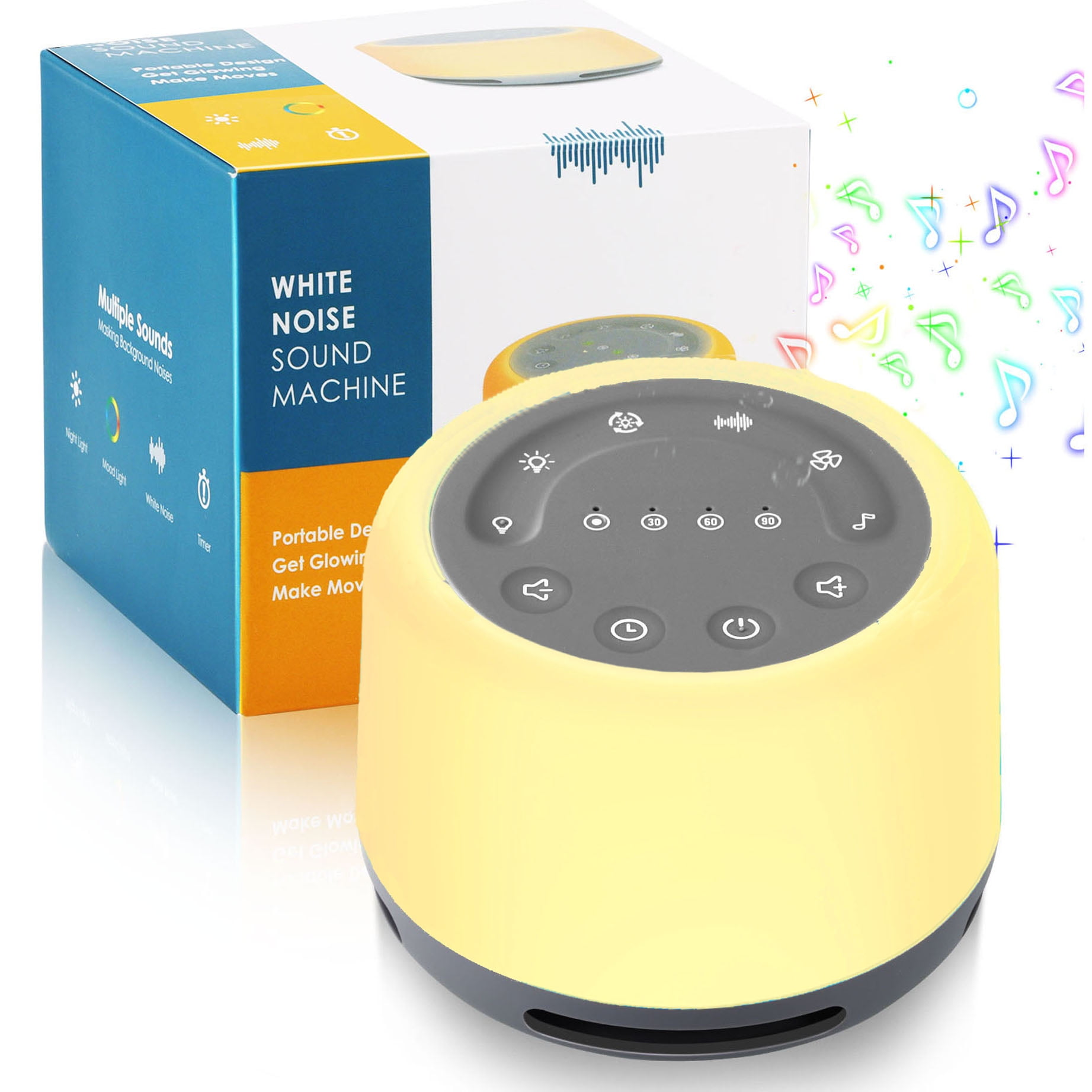 Eine White-Noise-Soundmaschine leuchtet gelb. Dahinter befindet sich eine blau-weiße Box mit Text und Grafiken.