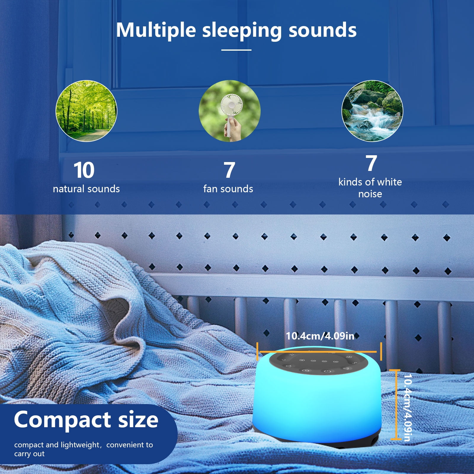 Eine blaue Soundmaschine auf einem Bett. Sie hat Knöpfe und zeigt die Größe an. Oben sind Bilder mit Soundoptionen.